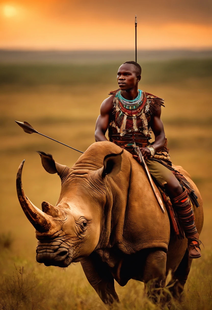 African tribal soldier with bow and arrow, aiming, riding an armored rhino in the plains of Africa