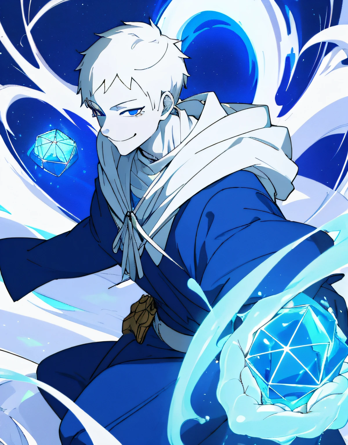 1boy, furry, furry boy, white skin, white hair, smug face, smile, blue eyes, blue hood, mage outfit, medieval, arcane, young boy, smile