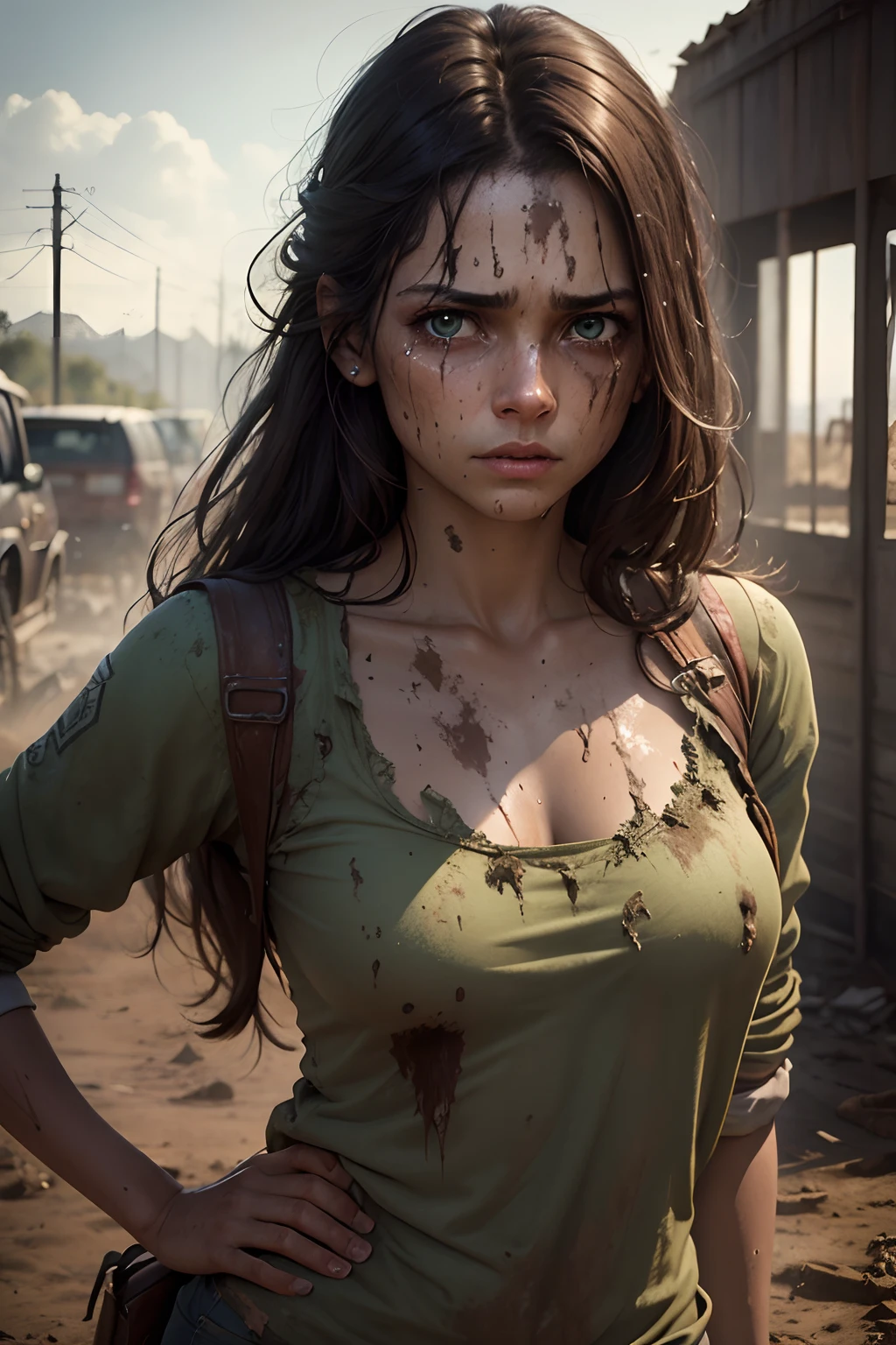 standing, facing forward, beautiful south american woman in her 20s, mud, scratches on face, mud stained brown hair and face, dirty and torn clothes, smooth skin, crying expressions, isometric details, amazingly realistic photos, green eyes, zombie apocalypse, teary eyes