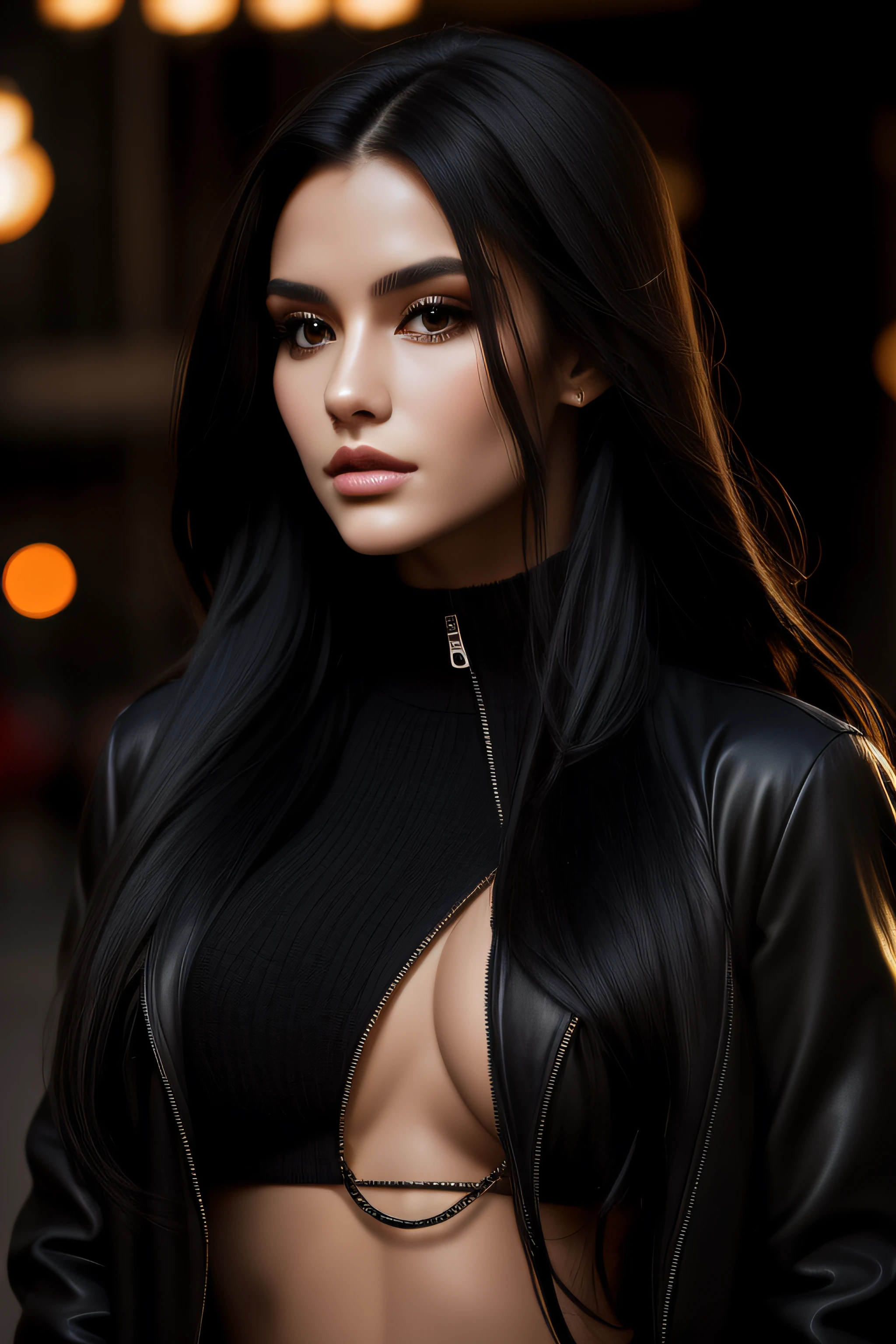 a young beautiful woman with long black hair and a black jacket, i can't believe how beautiful and sexy she is, distinct facial features, layered textures, strong contrast between light and dark, sharp attention to detail