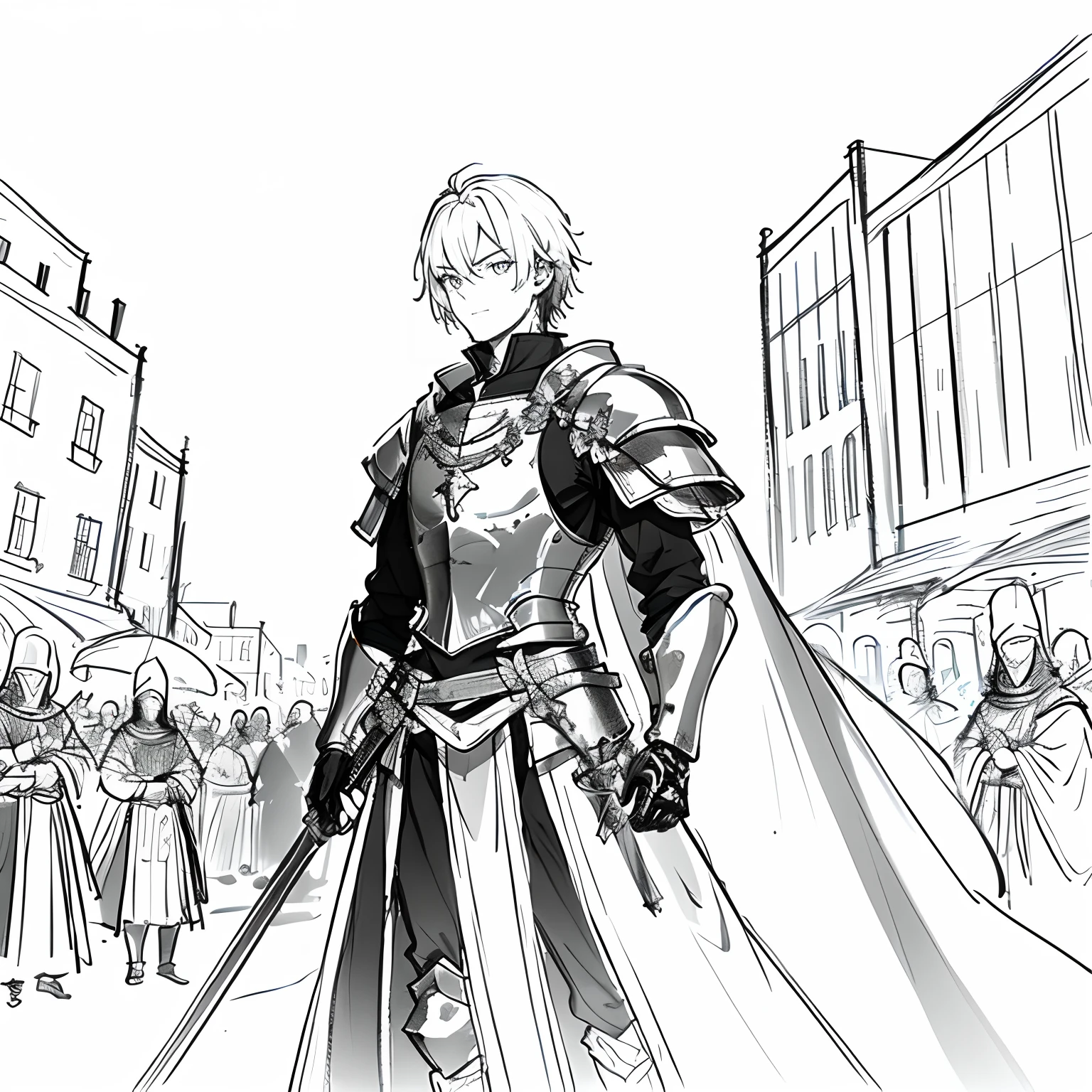 (ridiculous, high resolution, super detailed), (panorama), (1 male), tall, wearing silver armor, red pupils, evil charm, short white hair, town background, medieval style, crowd onlookers, ((monochrome)), ((sketch))