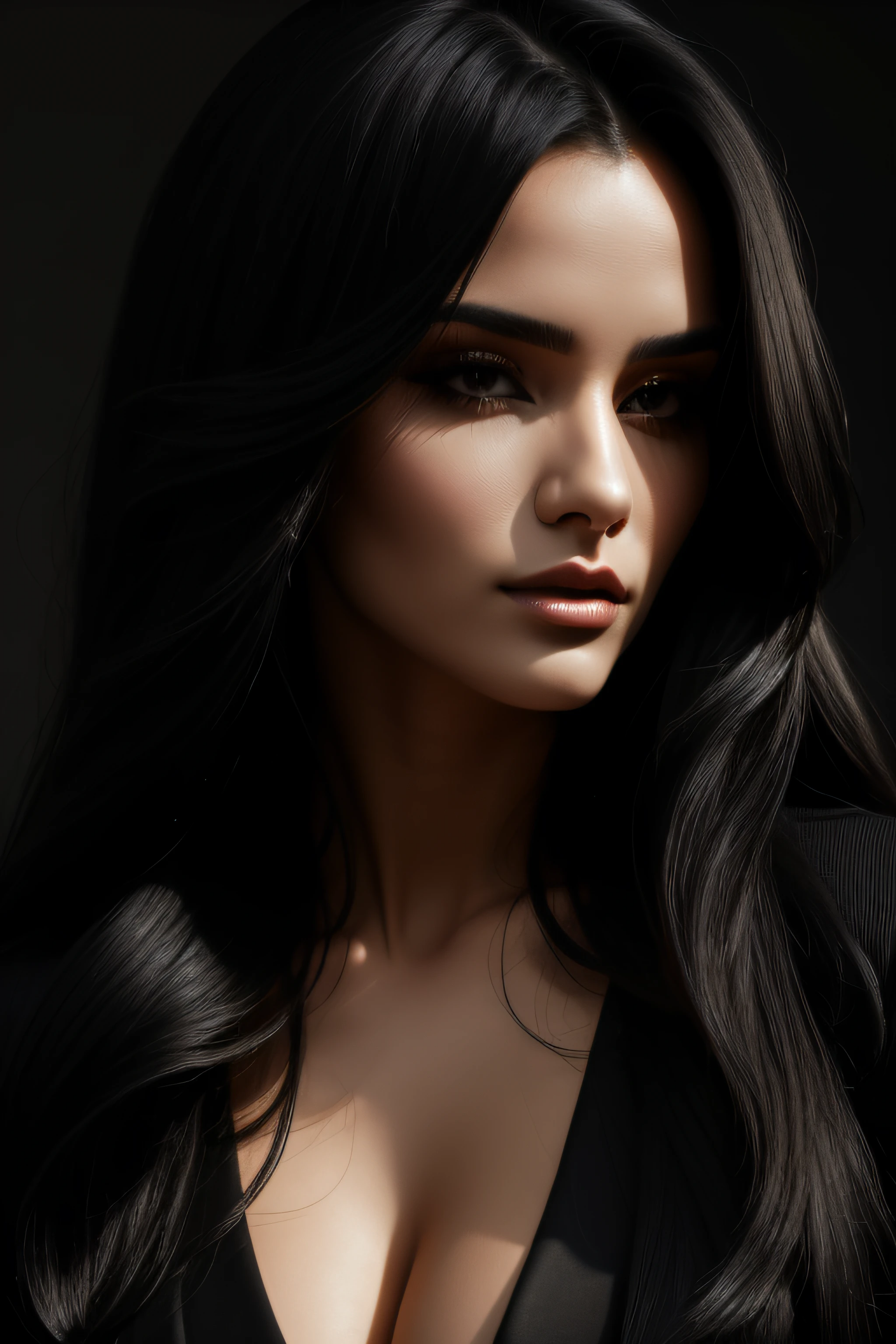 a young beautiful woman with long black hair and a black jacket, i can't believe how beautiful and sexy she is, distinct facial features, layered textures, strong contrast between light and dark, sharp attention to detail