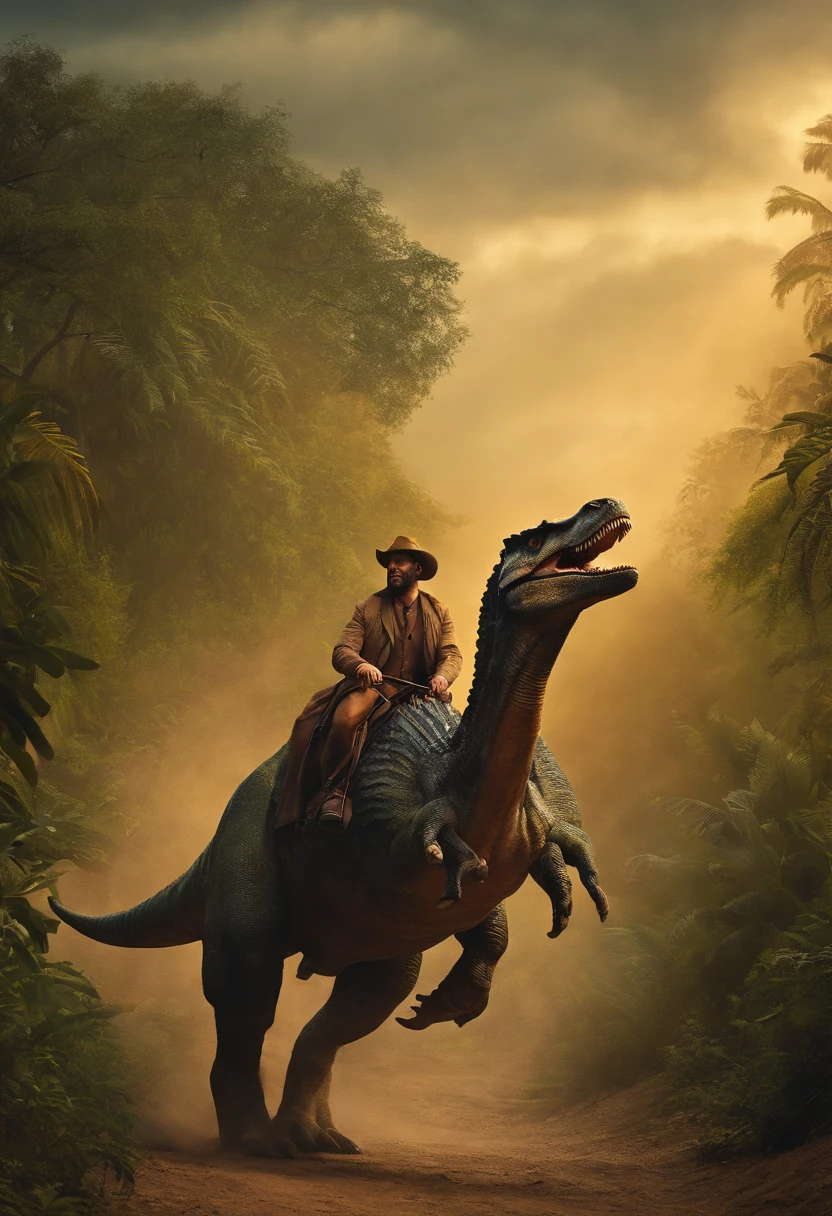 man riding a Spinosaurus like a horse