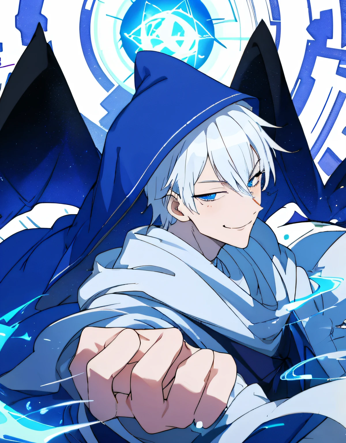 1boy, furry, furry boy, white skin, white hair, smug face, smile, blue eyes, blue hood, mage outfit, medieval, arcane, young boy, smile, neko ear, masterpiece
