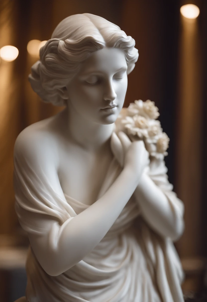 Une statue de femme, en marbre, se sculte elle même. fond dimage musee floutée avec des tableau en couleurs
