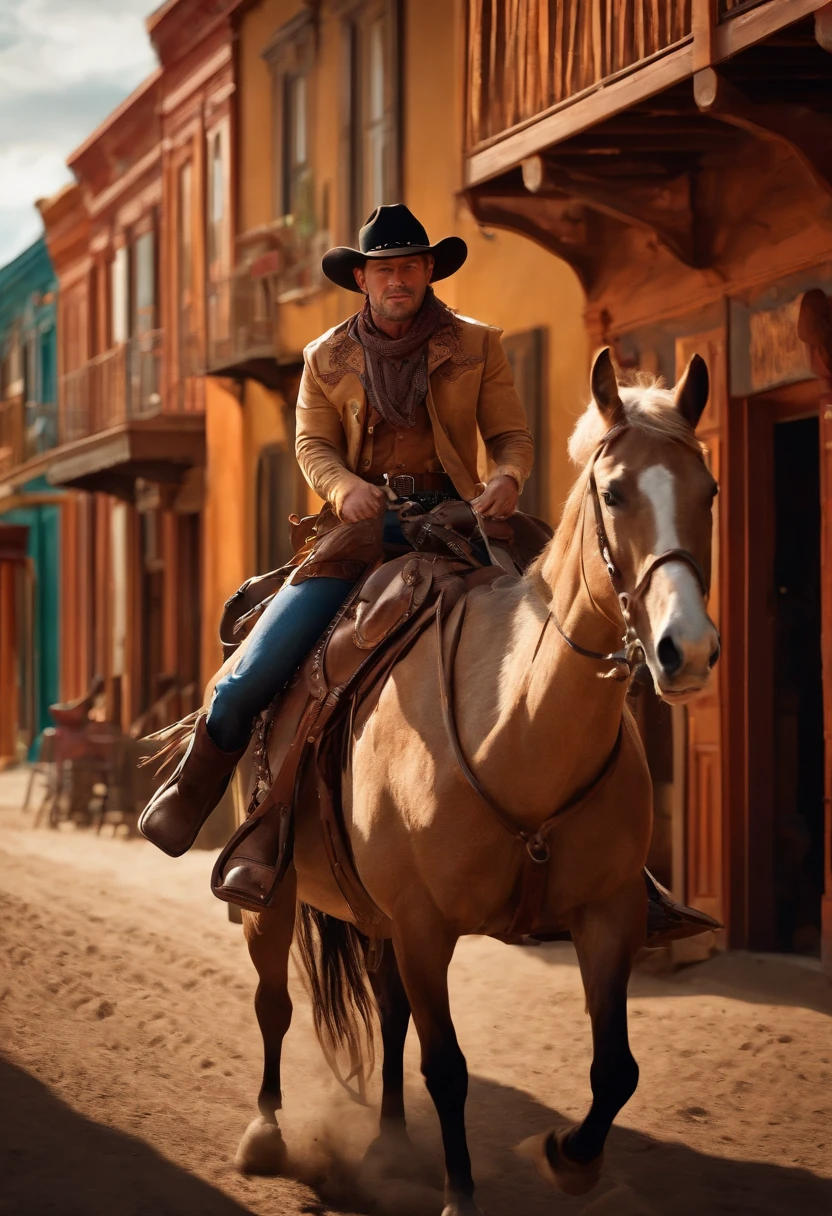 cowboy riding a raptor like a horse through a Western town