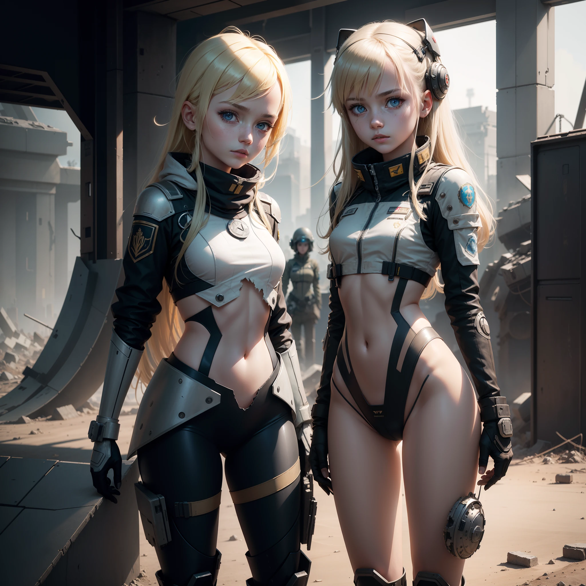 Destroyed towns,Three Ukrainian girls in half robot , Ukrainian anime girls , , Ukraine , Full body composition of young girl with messy bright blonde hair, eye make up, , Soft lighting, Solo, Old torn dirty shabby futuristic military uniform, badges, Pose, Blotch color, Octane Render, Hyperrealistic intricate detail, Cinematic, 8K resolution, 70mm, Accent Lighting, Global Illumination, Full body portrait, clean detailed faces, intricate clothing, Cute face, flat chest, Slim waist, Slim legs, small hips,Pilot's clothing,Holding a fighter helmet in your hand,Half of the body is destroyed and the machine is exposed,