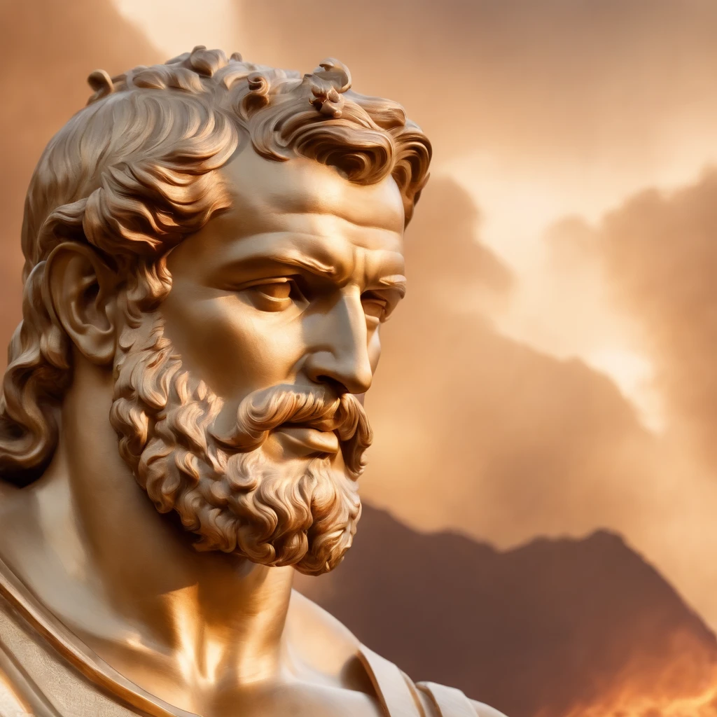 Stoic Greek statue, ((corpo inteiro)), as the gods Hercules, textura como brilhante metal brilhante espelhado cor marrom, 8k, Cinematography, Epic light and shadow Colorful smoke background image.