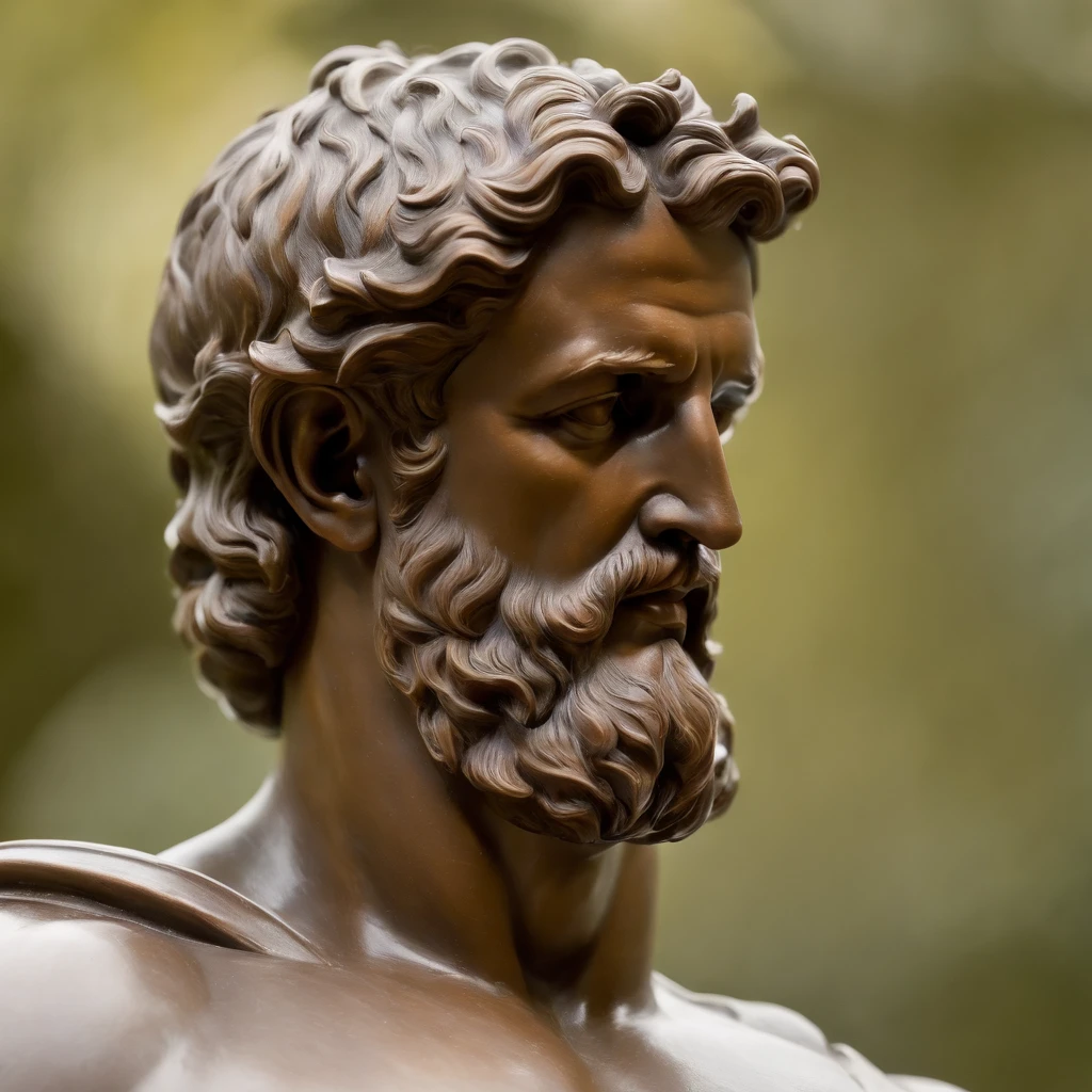 Stoic Greek statue, ((corpo inteiro)), as the gods Hercules, textura como brilhante metal brilhante espelhado cor marrom, 8k, Cinematography, Epic light and shadow Colorful smoke background image.