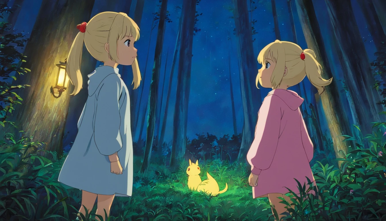 In the nocturnal forest，2 girls，A blonde girl with double ponytail（Yellow eyes），One Girl With Silver Hair（Pink eyes）