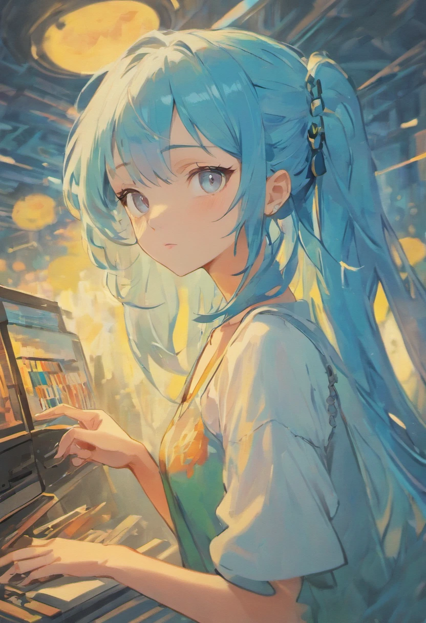 Ultra-high definition 2D art, close-up (1 woman), light blue hair, 2D animation style, soft and delicate depiction, attention also on her full-body tattoos (full-body art), landscape mode, masterpieces by Guweiz and James Jean, tattoo expert designs by CGSCOSITY, etc. A beautiful blue-haired girl who became a hot topic at the trend art station of Japan.