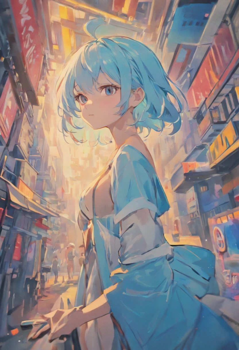 Ultra-high definition 2D art, close-up (1 woman), light blue hair, 2D animation style, soft and delicate depiction, attention also on her full-body tattoos (full-body art), landscape mode, masterpieces by Guweiz and James Jean, tattoo expert designs by CGSCOSITY, etc. A beautiful blue-haired girl who became a hot topic at the trend art station of Japan.