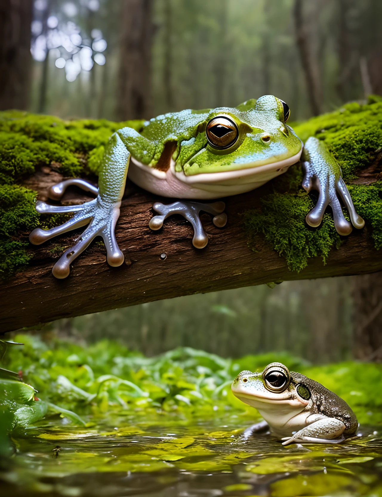Create a series of flat illustration style image of 
1920x1080 pixel, The solar term rises on the summer solstice，Once upon a time in the heart of a mystical swamp, there lived a mummy frog named Mabel. Mabel was not your ordinary amphibian; she had been around for centuries, a living relic of ancient times. She had a wise and mischievous spirit hidden beneath her wrinkled, moss-covered skin.

One sunny morning, Mabel decided it was time for some fun with her energetic little tadpole, Tad. Tad was a sprightly young frog, always eager for adventure. Mabel knew that there was no better way to bond with her child than through a timeless game of hide and seek.

With a playful gleam in her eye, Mabel looked at Tad and said, "Tad, how about a game of hide and seek? You hide, and I'll try to find you."

Tad's eyes widened with excitement. He nodded enthusiastically and hopped off to find the perfect hiding spot. Mabel watched him go, her ancient heart filled with love for her young one.

Mabel counted slowly, "One...two...three..." Her voice croaked with age as she reached fifty. She knew Tad would need a bit of extra time to hide.

Finally, she called out, "Ready or not, here I come!" With a graceful leap, Mabel started her search.

Tad, being the clever young frog that he was, had found a hiding spot in an old hollow log covered with velvety moss. He nestled inside, barely able to contain his excitement. He watched as Mabel hopped around, her eyes scanning the swamp for any sign of him.

Mabel approached the log where Tad was hiding. She took her time, tapping her cane-like leg on the ground, pretending to be clueless. Her eyes met Tad's just for a moment, and she winked. Tad stifled a giggle.

"Is he over here?" Mabel muttered, giving the log a gentle poke.

Tad couldn't hold it in any longer. He burst out of his hiding spot, shouting, "Surprise!"

Mabel feigned surprise, her mouth forming a wide grin. "Oh, you got me, Tad!"

Both mother and child laughed heartily, thei