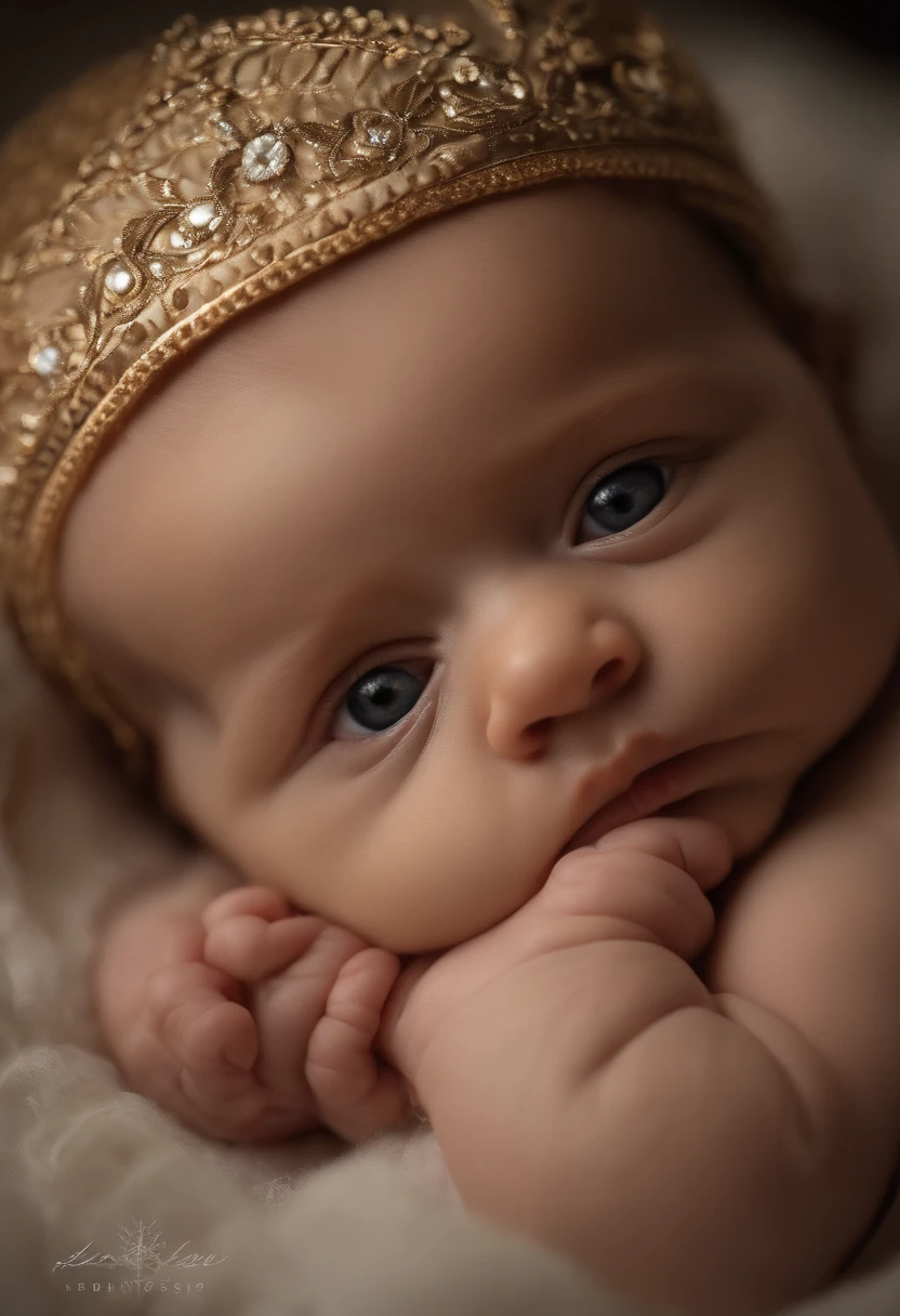 "Generate a poignant image of a , the child of Zeus, the king of the gods in Greek mythology. The baby should e a sense of stoicism, even in infancy, with a serene and composed expression. Capture the delicate features of the newborn, including tiny fingers and toes, while conveying an underlying aura of divinity and strength. Use soft, natural lighting to emphasize the baby's innocence and purity. The background should be ethereal, with subtle hints of celestial elements to symbolize the divine heritage. Create an image that embodies the notion of stoicism and power from birth, as befitting a child of Zeus."