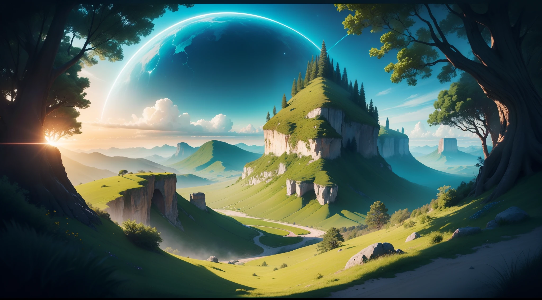 In a panoramic view of a lush landscape, God is an energy, contemplates the entire created celestial universe, vibrant cores on planet Earth in the distance, like an energy from the celestial cosmos in the form of a human body