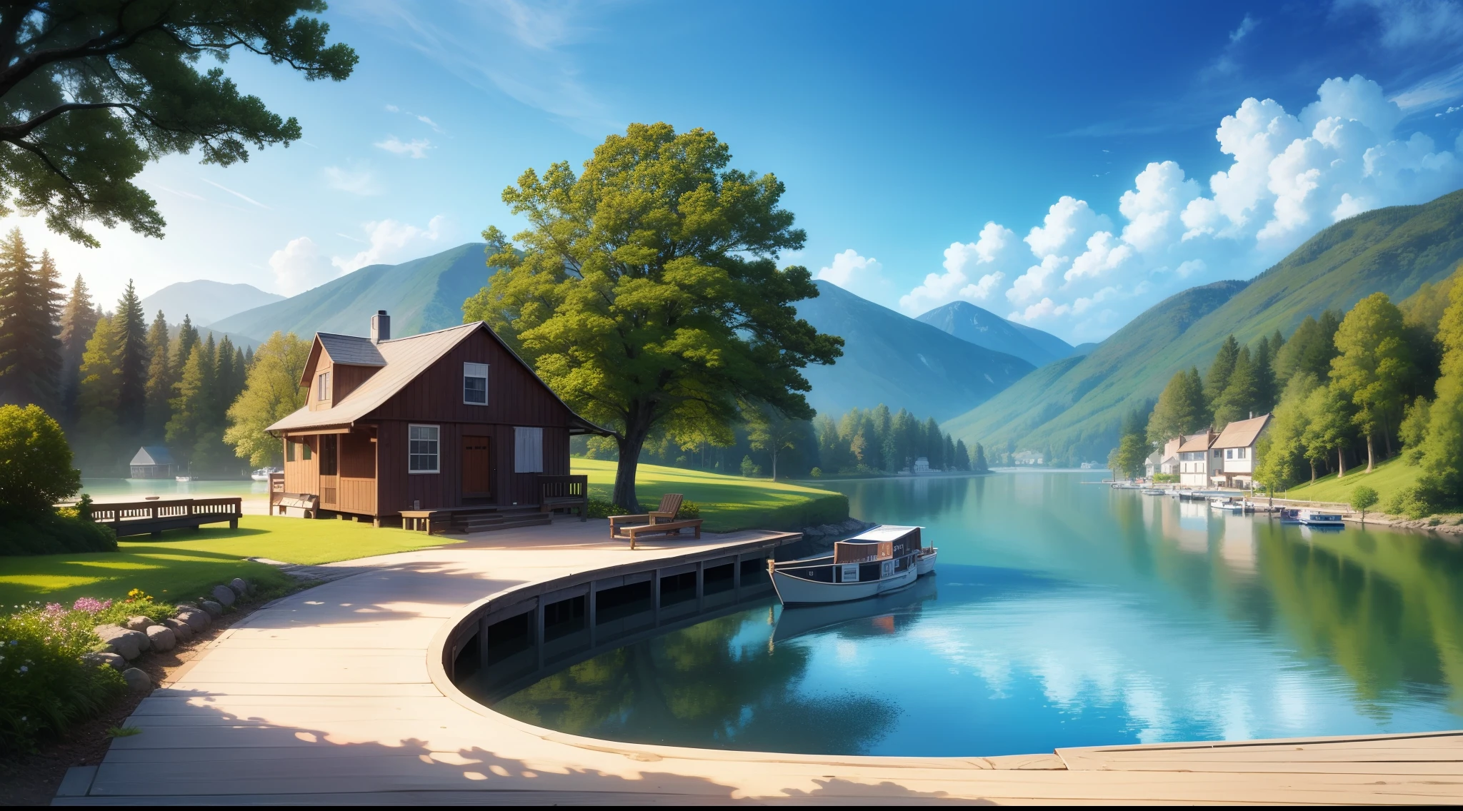 Painting of a ship docked at the pier,There is a house on the shore, Lakeside villas, beautiful artist rendering, beautiful detailed scene, Beautiful rendering, idyllic cottage, author:Stan Stokes, painting of beautiful, log cabin, author:Howard Lyon, wooden cabin, calm evening, peaceful scene, Detailed realistic painting, detailed 4 k oil painting, Highly detailed painting, scenery art detailed