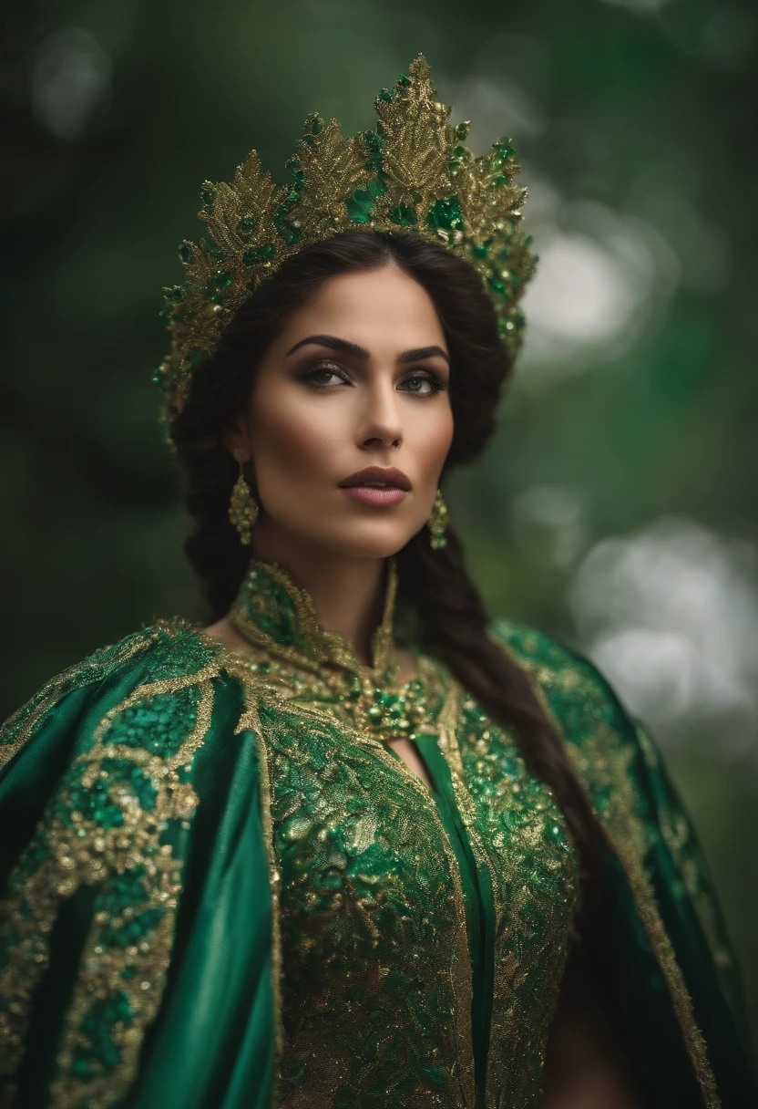 Crie a fotografia de uma mulher de 30 anos, loira, em estilo realista, with high resolution. A foto deve ser bem iluminada, com luz suave e sem sombras fortes. The framing will be full-body, highlighting his presence and charming personality. The model will be dressed in a charming elf costume, featuring a delicate and fluid dress, adorned with intricate details like ethereal embroidery, delicate lace and elaborate patterns, evoking the grace and beauty of the elves. Tons suaves e terrosos, verdes, azuis e prateados, must be incorporated to evoke the magical essence of elf fashion. Careful lighting and image composition should enhance the natural beauty of the woman, emphasizing the elegance and charm of the elven costume. capturing the essence of a mystical and elegant elf maiden