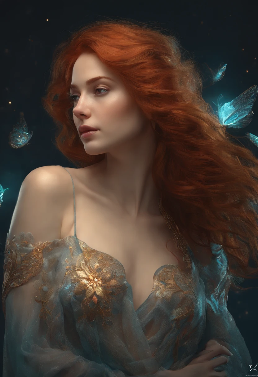 beautiful redhead woman, disheveled shoulder-length hair, full - body, Beautiful girl in anime waifu style without clothes, Hyper-detailed paint, luminism, Concept art by Carne Griffiths and Vadim Kashin, 4k resolution, fractal isometrics details bioluminescence , 3D Rendering, Octane rendering, Internal detailing , Filmic, Trend in artstation Isometric centered hyper-realistic cover in amazing color, hand-drawn, Eyes, Like stars