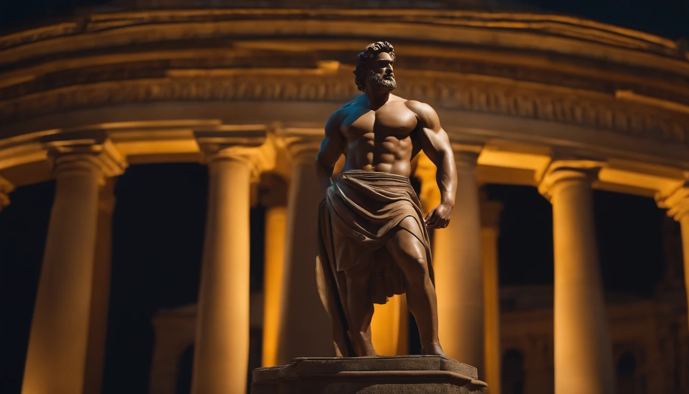 Statue of a strong man standing, escultura realista de 8k, filosofo grego, realista, a noite, com asruinas do coliseu ao fundo com varias pessoas proximas