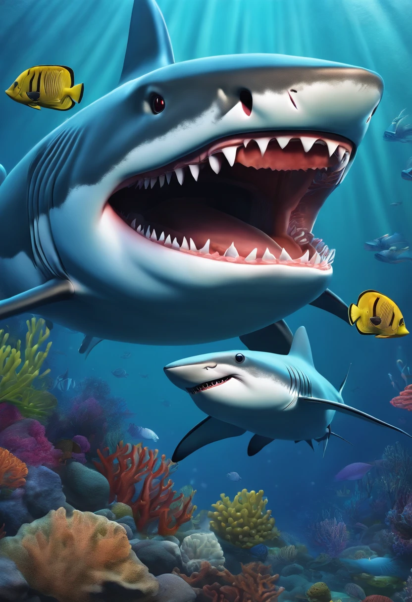 shark, clean teeth, shiny teeth, fin, toothbrush, clean teeth, shiny teeth, coral reef, shipwreck colorful, drawing
--ar 16:9 --up beta --s 750