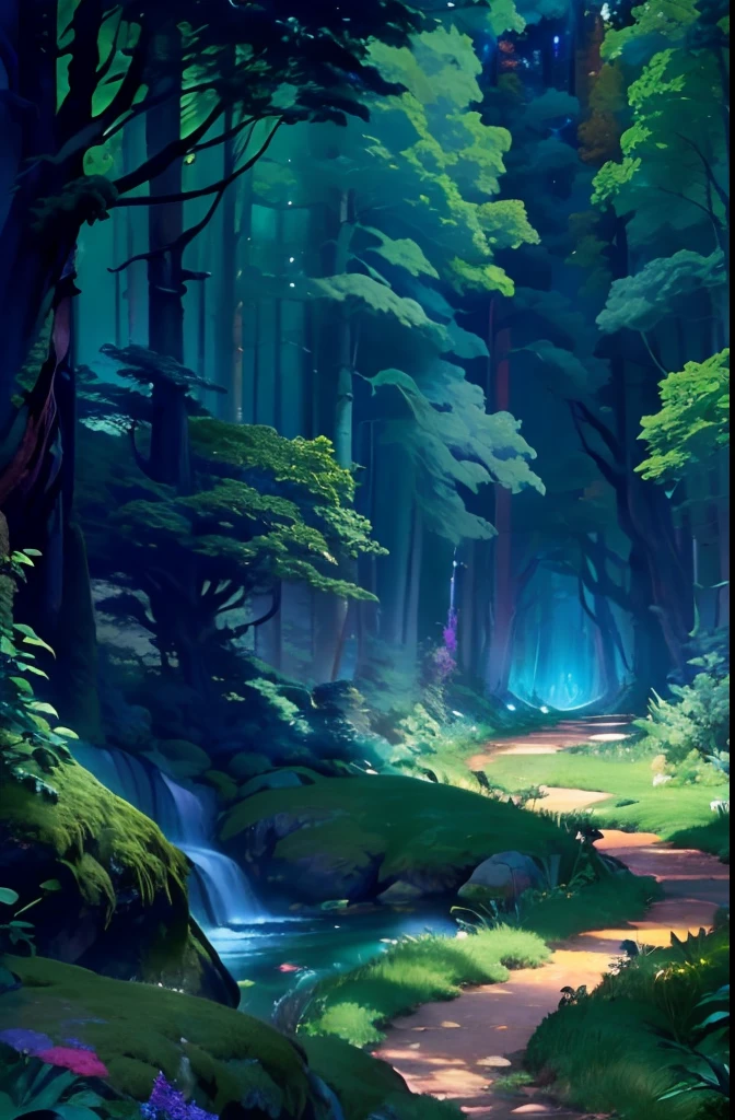 (a colorful deep forest inside montain), (vast and expansive view), (night view), (a lot of different specie of trees),(lush and vibrant greenery), (peaceful and tranquil atmosphere), (serene and otherworldly colors), (sense of depth and scale), (no human presence),(one footpath to the horizon), (harmonious and balanced composition)