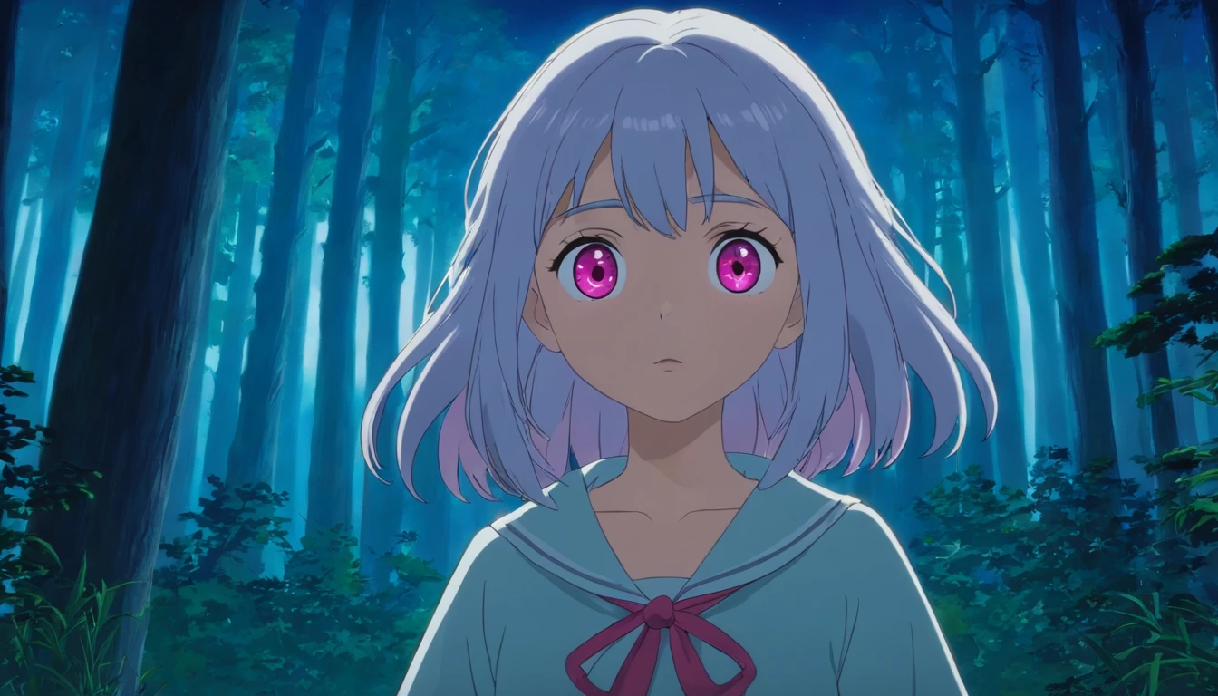 In the nocturnal forest,One Girl With Silver Hair(Pink eyes)I was scared to look at the camera