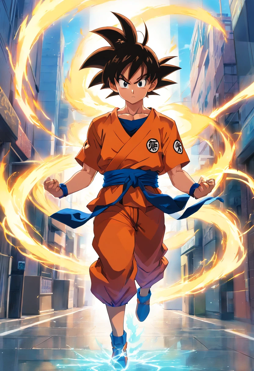 goku super saiyan, obra maestra, mejor calidad, Still film, 1人の女の子, Cloud Girl, flotando en el cielo, primer plano, brillante, feliz, soft warm lighting, puesta de sol (chispas: 0,7)