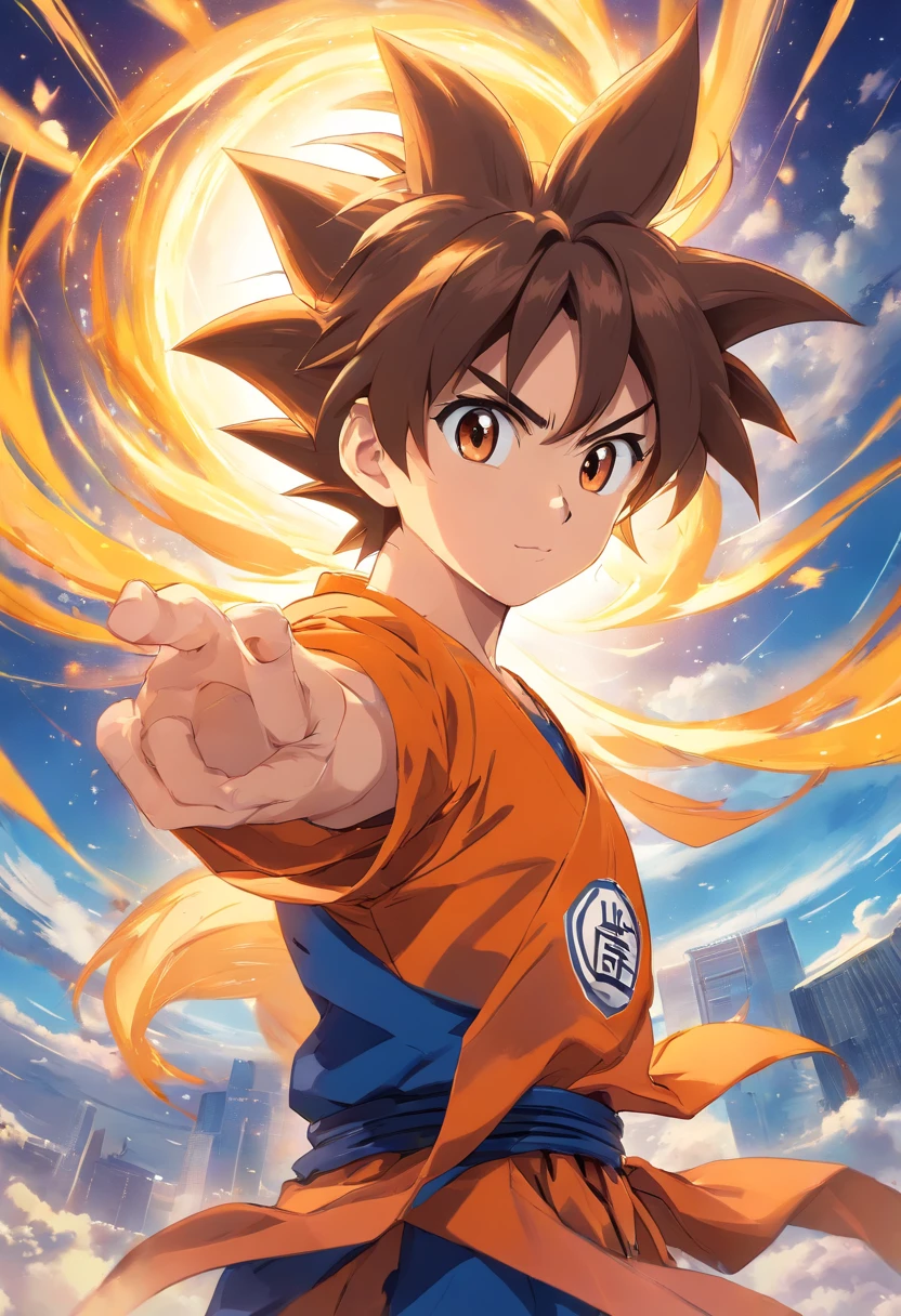 goku super saiyan, obra maestra, mejor calidad, Still film, 1人の女の子, Cloud Girl, flotando en el cielo, primer plano, brillante, feliz, soft warm lighting, puesta de sol (chispas: 0,7)
