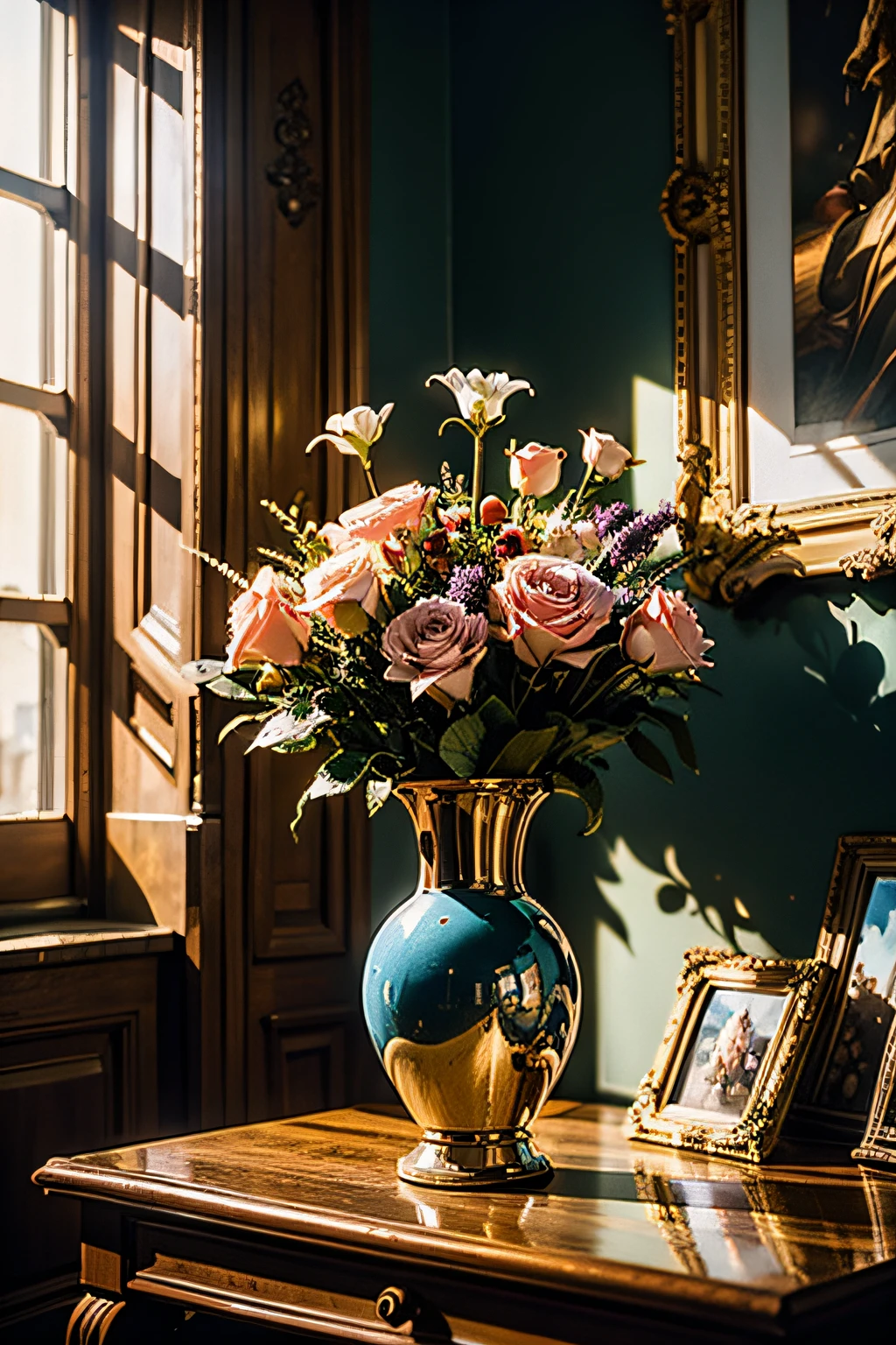 Compact still life with flowers in a vase, Baroque interior, ENVIRONMENT, акварель --AR 4:5 --стиль raw --v 5.2