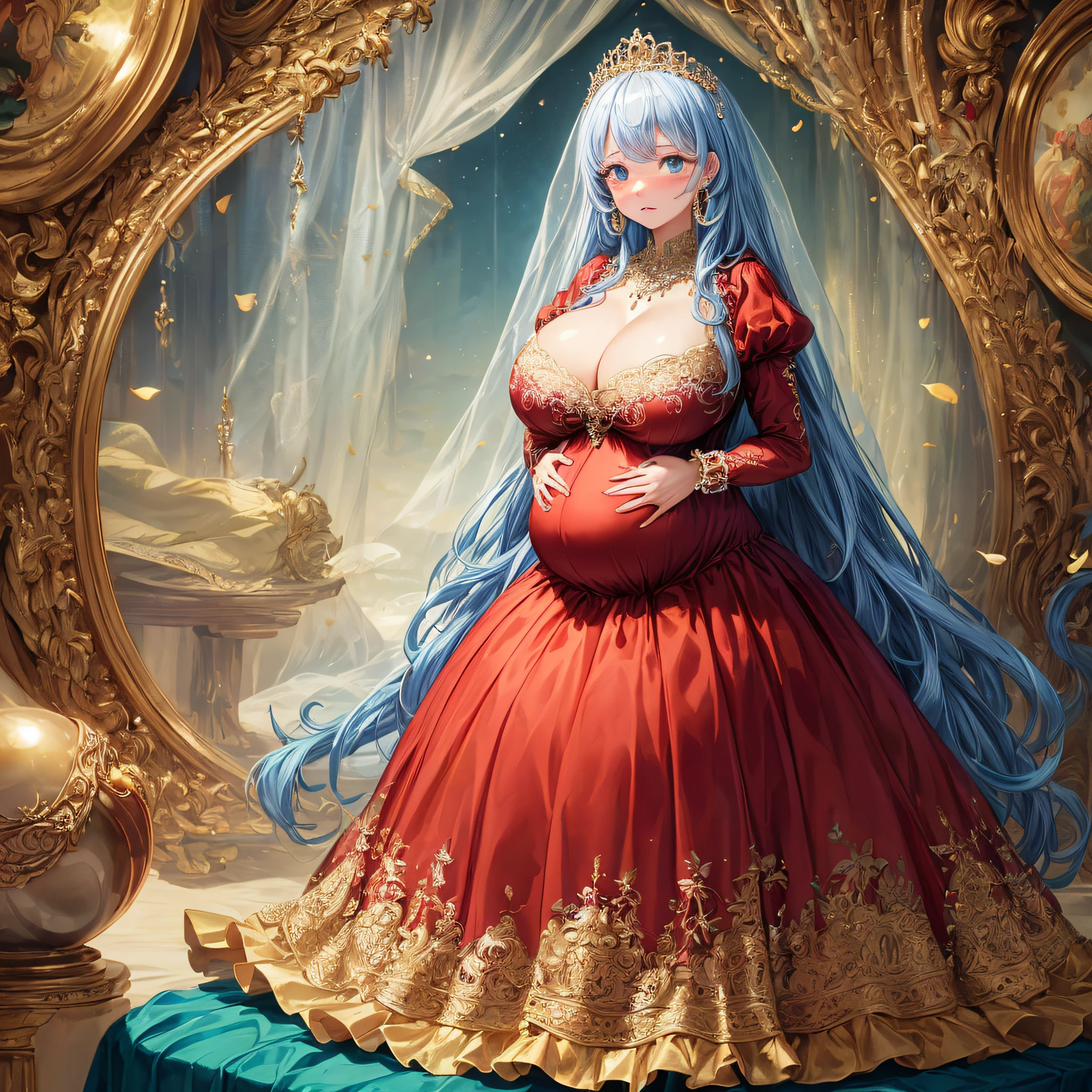 (masterpiece, best quality,extremely detailed:1.1),(moe anime art style:1.2),1girl,((full body,focus face)),((solo)), cute, kawaii,digital art,((1 bling-bling pregnant princess wearing beautiful embroidery and jeweled gorgeous rococo ballgown with jeweled voluminous full length hoop skirt)),(((heavily pregnant))),very big pregnant belly,((crinoline)),long train,voluminous frills,See-through,(gorgeous embroidery and beautiful lace),((very gigantic boobs,skindentation)),cleavage,shiny hair,(((very long straight hair,large amount of straight hair))),((embarrassed)),anguish,((finely detailed face and eyes)),clear pupil,extremely gorgeousfull hair ornament,(bling-bling jeweled extremely gorgeousfull tiara),(bling-bling gorgeous gemstone jewelry),long veil,beautiful background,fantasy background,flowers,flower petals flowing,full body,((beautiful embroidery and jeweled ruffled gorgeous rococo ballgown with voluminous full length hoop skirt))