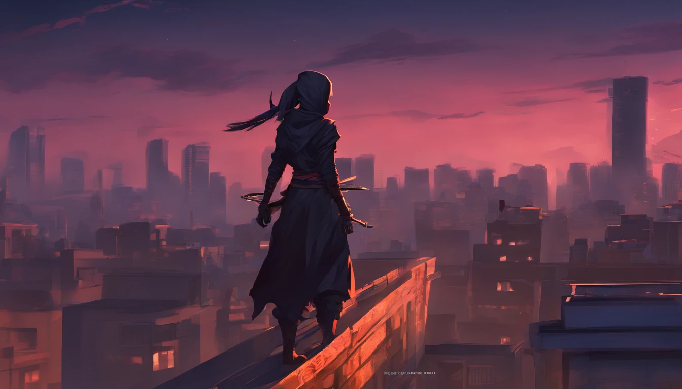 Female Ninja, Rooftop, Twilight, High quality Render