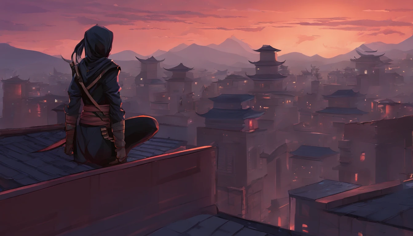 Female Ninja, Rooftop, Twilight, High quality Render