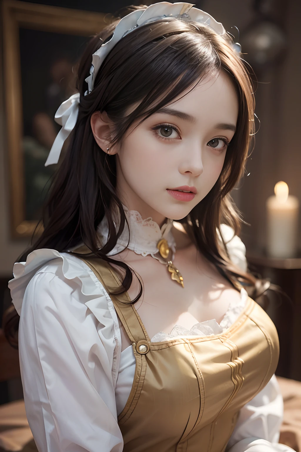 ((Best Quality: 1.4)), (Unbeatable masterpiece), (hyper HD) , (Ultra realistic 8K CG),(Bust from head to thigh),(ultra-detailliert),(maid ),(Works by Jean-Baptiste Monge), Highly detailed maid clothes, half_pinafore ,stunningly beautiful , beautiful hair details , Highly detailed hairstyles, Cinematic, cheerfulness ,In an old Western-style building, Candle lighting, Use backlight effects to increase image depth, Anisotropy Filtering, depth of fields, Maximum clarity and sharpness, ,8 life-size , thicc body:0.8 ,Perfect Anatomy , Symmetry and balance, beautiful gradients , Sharp Focus, Golden ratio, Centered image, Beautiful composition,