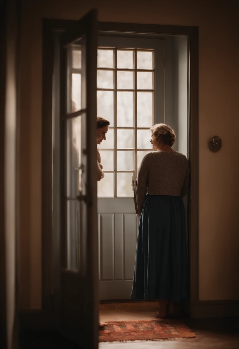A shining angel at the door of a room, Talking to a woman who is kneeling beside her bed.