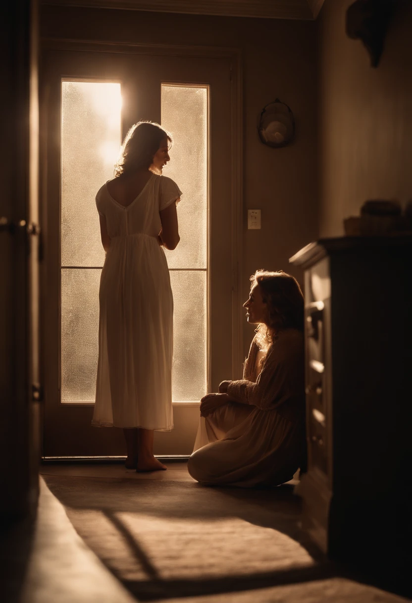 A shining angel at the door of a room, Talking to a woman who is kneeling beside her bed.