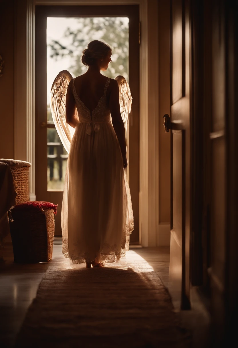 A shining angel at the door of a room, Talking to a woman who is kneeling beside her bed.