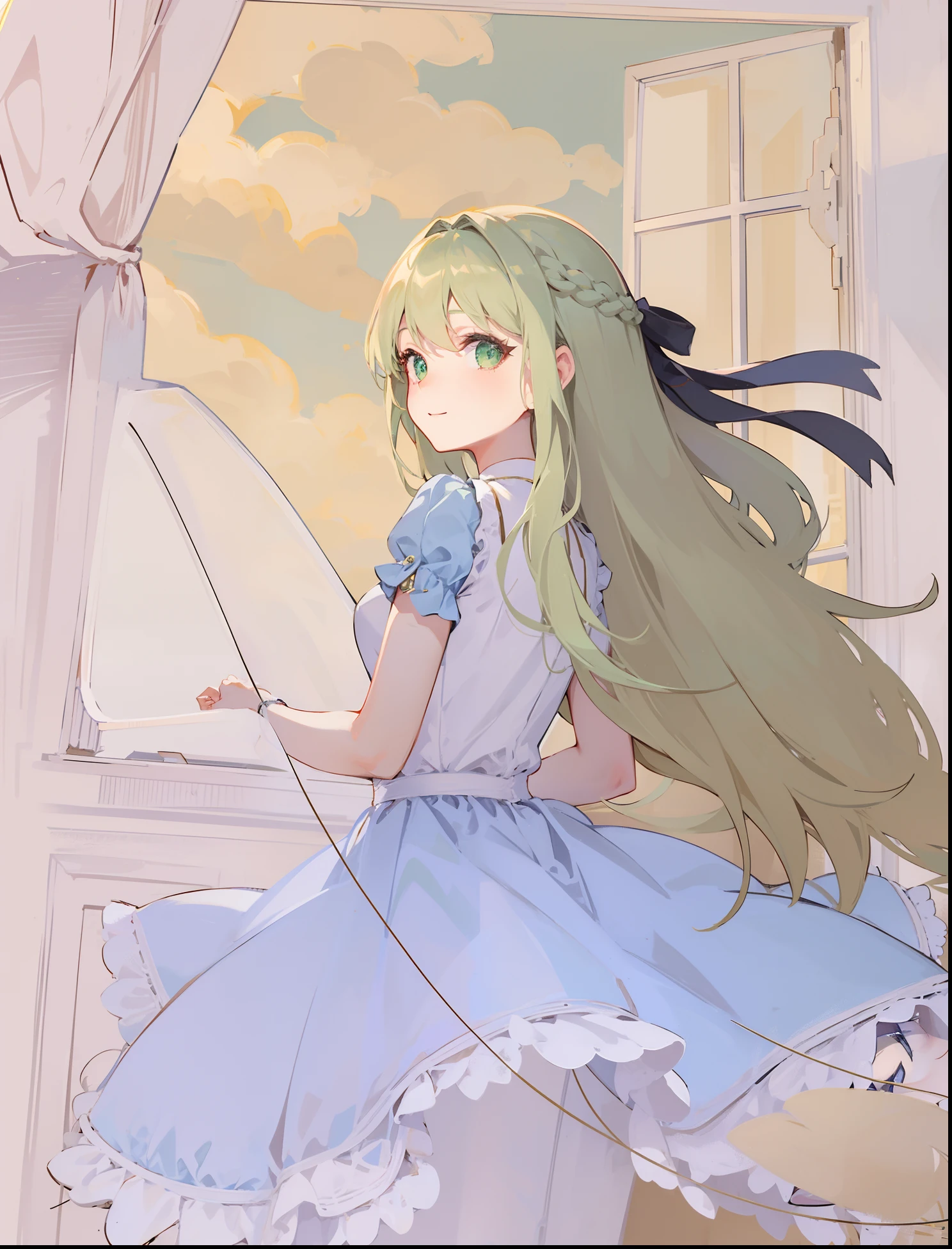 1 girl in、cream colored Hair、Longhaire、fluffy hair、Flowing hair、Light green eyes、Delicate eyes、a beauty girl、Delicate face creation、cute little、Soft smile、smil、robe blanche、robe blanche、Light shining、Stand in front of the window、Put your hand on the edge of the window、Looking at the camera、From diagonally behind
