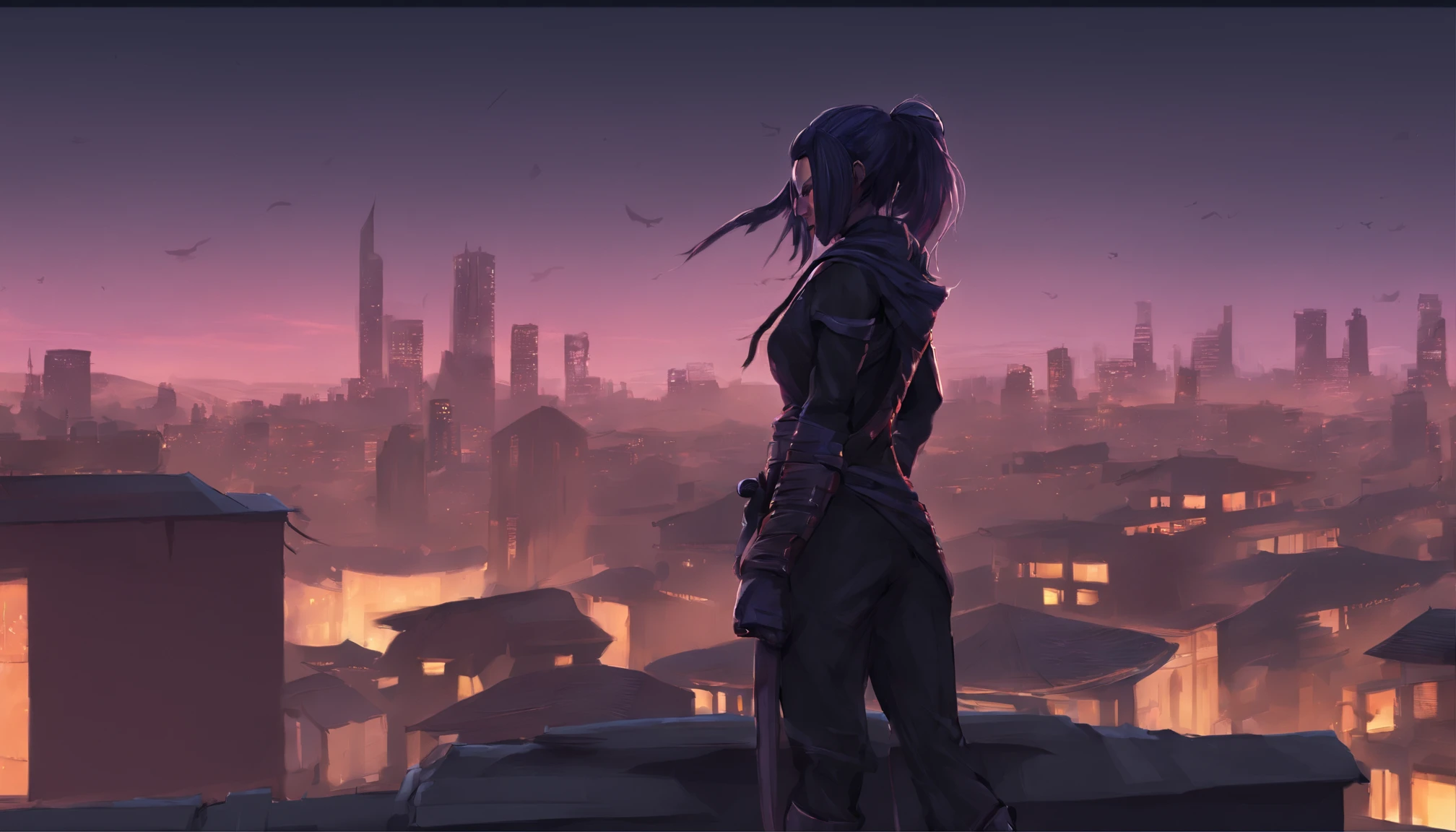 Female Ninja, Rooftop, Twilight, High quality Render