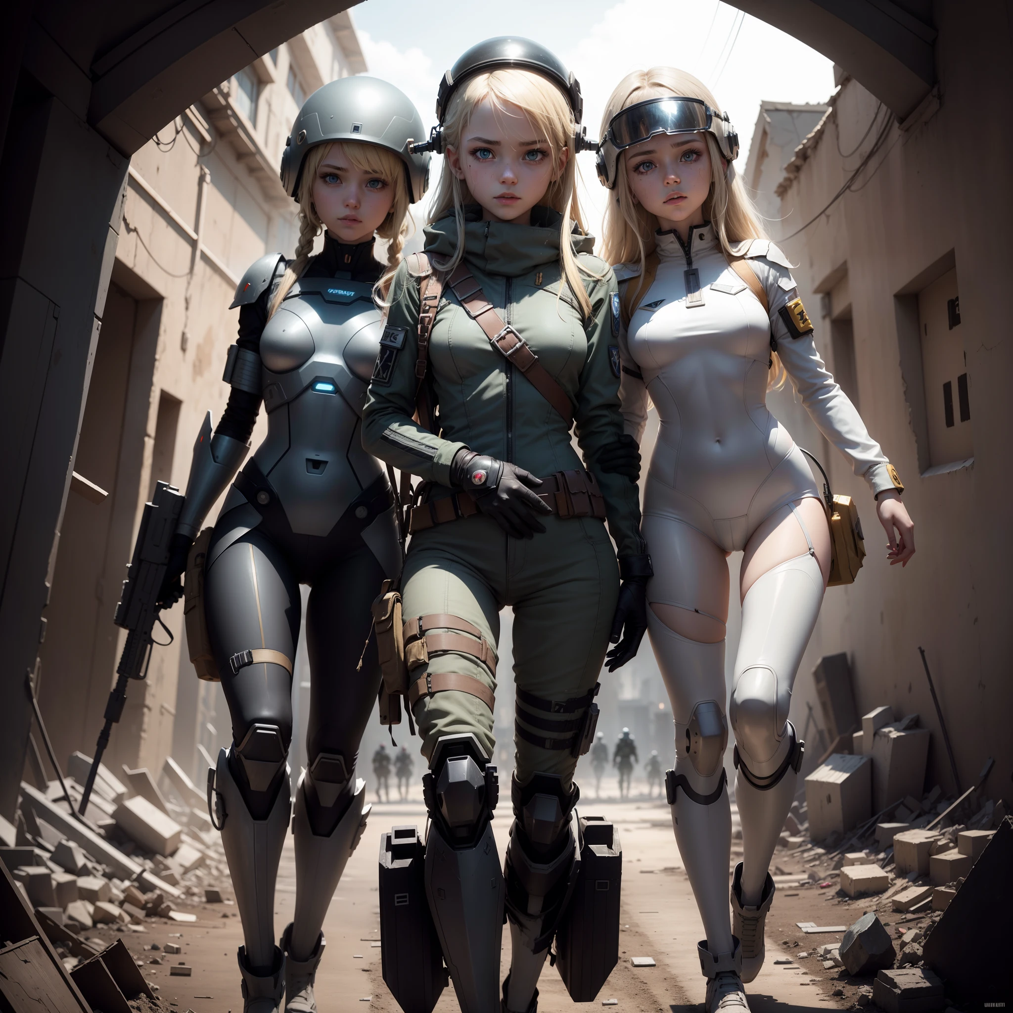 Destroyed towns,Half of the body is a robot,3 Ukrainian girls , Ukrainian anime girls , , Ukraine , Full body composition of young girl with messy bright blonde hair, eye make up, 13 year old, Soft lighting, Solo, Old torn dirty shabby futuristic military uniform, badges, Pose, Blotch color, Octane Render, Hyperrealistic intricate detail, Cinematic, 8K resolution, 70mm, Accent Lighting, Global Illumination, Full body portrait, clean detailed faces, intricate clothing, Cute face, flat chest, Slim waist, Slim legs, small hips,Pilot's clothing,Holding a fighter helmet in your hand,half of the body is destroyed、Body machinery is exposed,