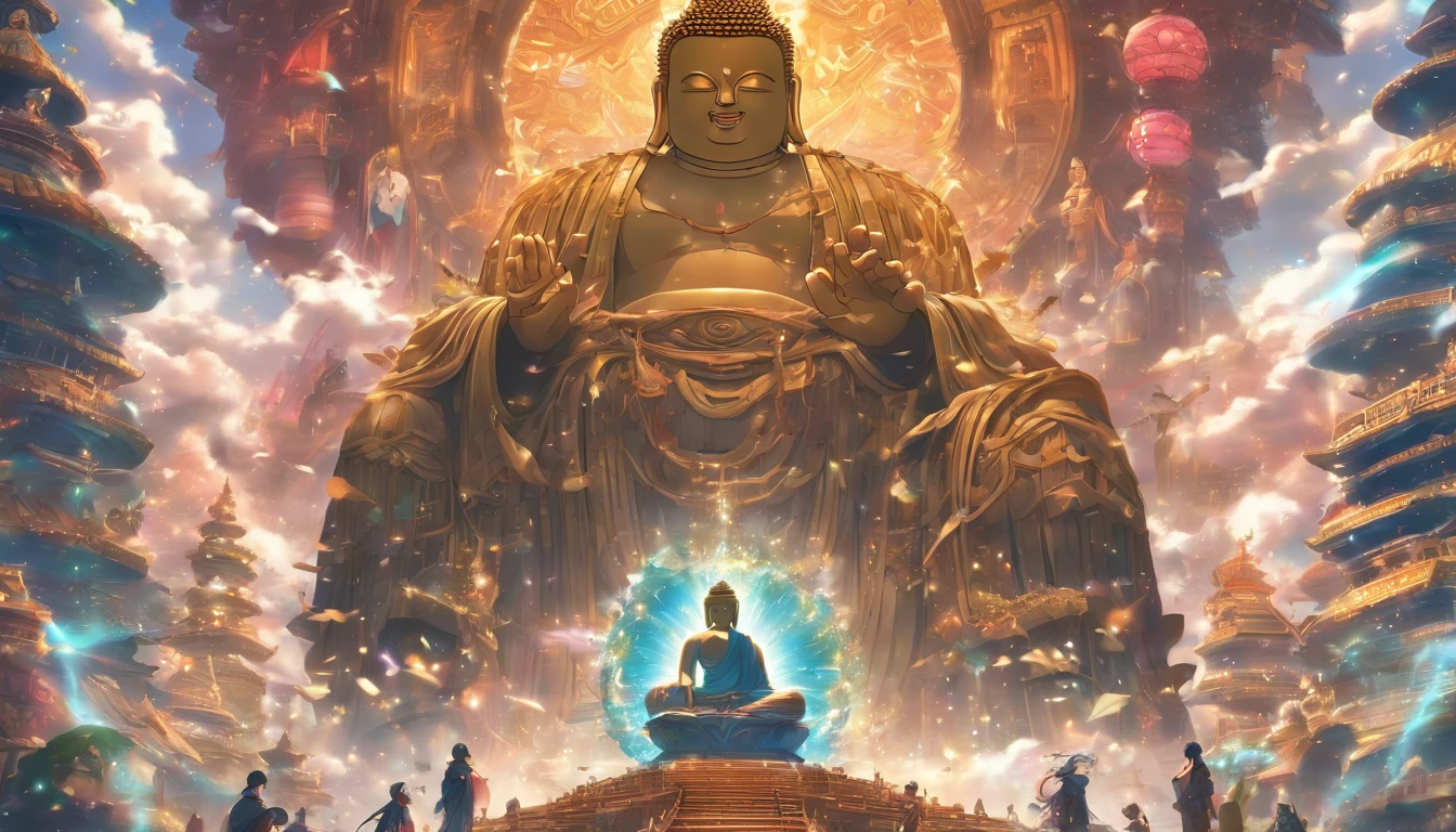 Mechanical statue of super giant Buddha，Crowds worshipping，Escrituras celestiais，no estilo steampunk，super-fino，8k，Obras de mestres，Meticulous mechanical representation，renderizador OC，Ultra foto Realsisim