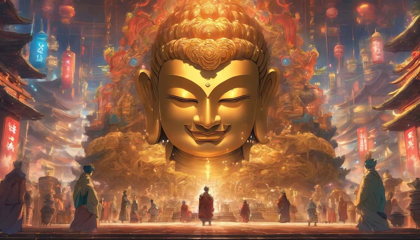 Mechanical statue of super giant Buddha，Crowds worshipping，Escrituras celestiais，no estilo steampunk，super-fino，8k，Obras de mestres，Meticulous mechanical representation，renderizador OC，Ultra foto Realsisim