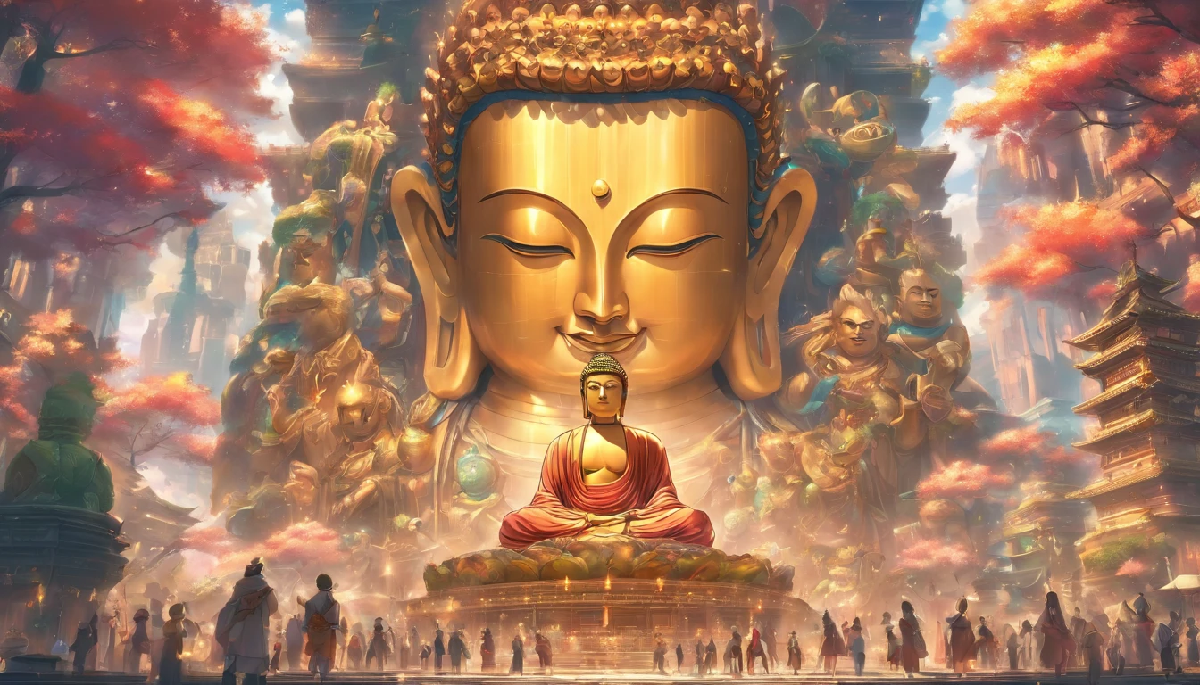 Mechanical statue of super giant Buddha，Crowds worshipping，Escrituras celestiais，no estilo steampunk，super-fino，8k，Obras de mestres，Meticulous mechanical representation，renderizador OC，Ultra foto Realsisim