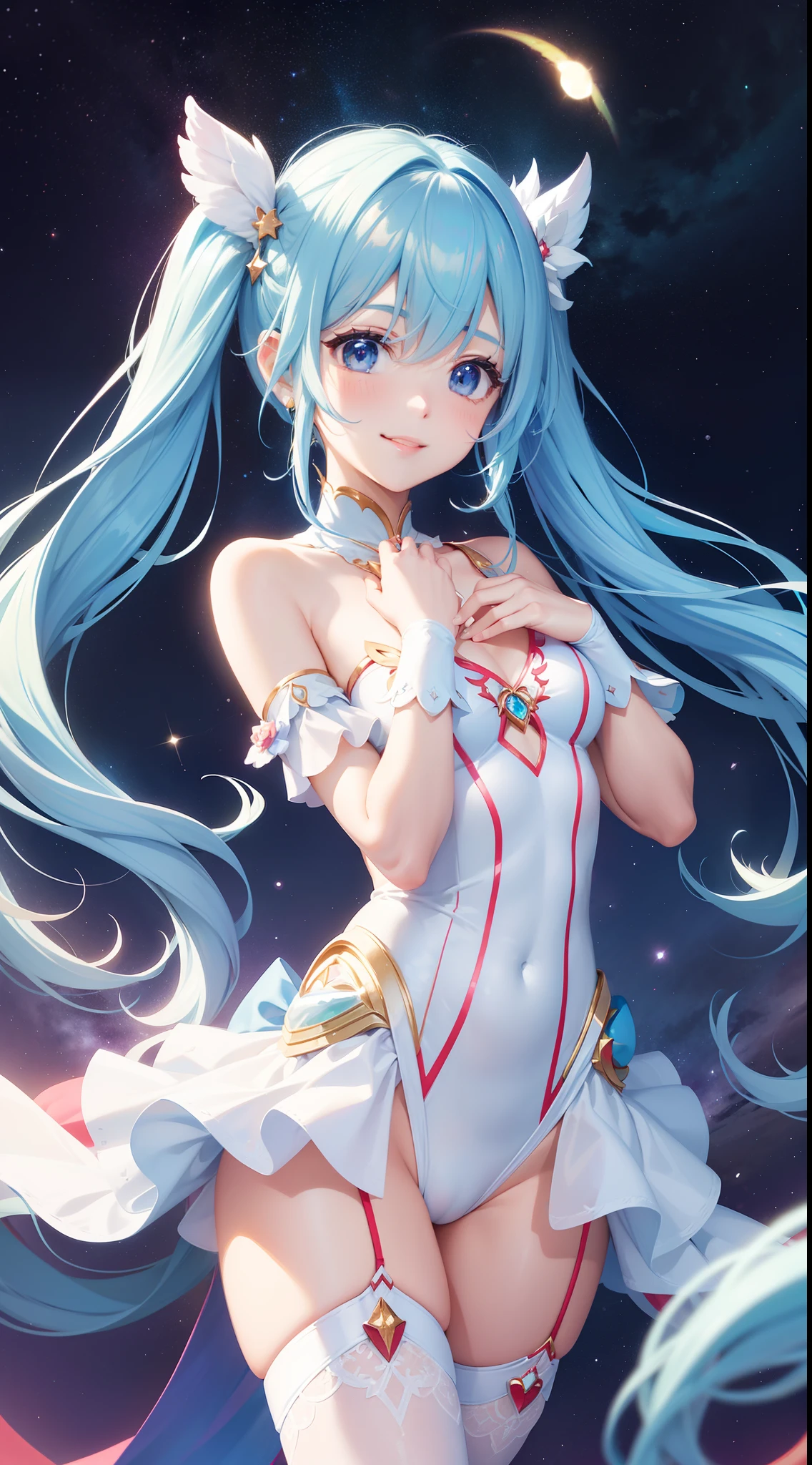 Super Idol　a beauty girl　A charming smile　sky blue hair　length hair　Twin-tailed　Bright white and red leotard outfit　Mystical　Fantasia　constellation　a moon　Crystal Brilliance　Aurora Borealis in the Night Sky