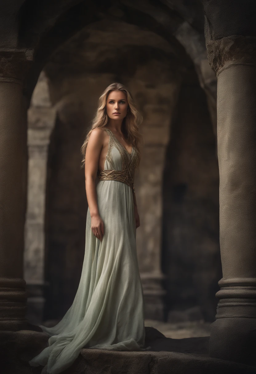 Celtic Warrior Woman, Stone Ruins, Tall and Slender, Flowing Dress with Celtic Knot Jewelry, Procreate, Watercolor Technique, Poster Design, 300 DPI, Soft Lighting, Ethereal Art, Mysterious, Serene Expression, Enchanting Atmosphere, bokeh, photo, 8k, dark, dynamic action, pale washed out style, dreamy nostalgic, soft focus, dark vignetting, light leaks, medium photography, gloomy artistic painterly ethereal, whimsical, coarse grain photo