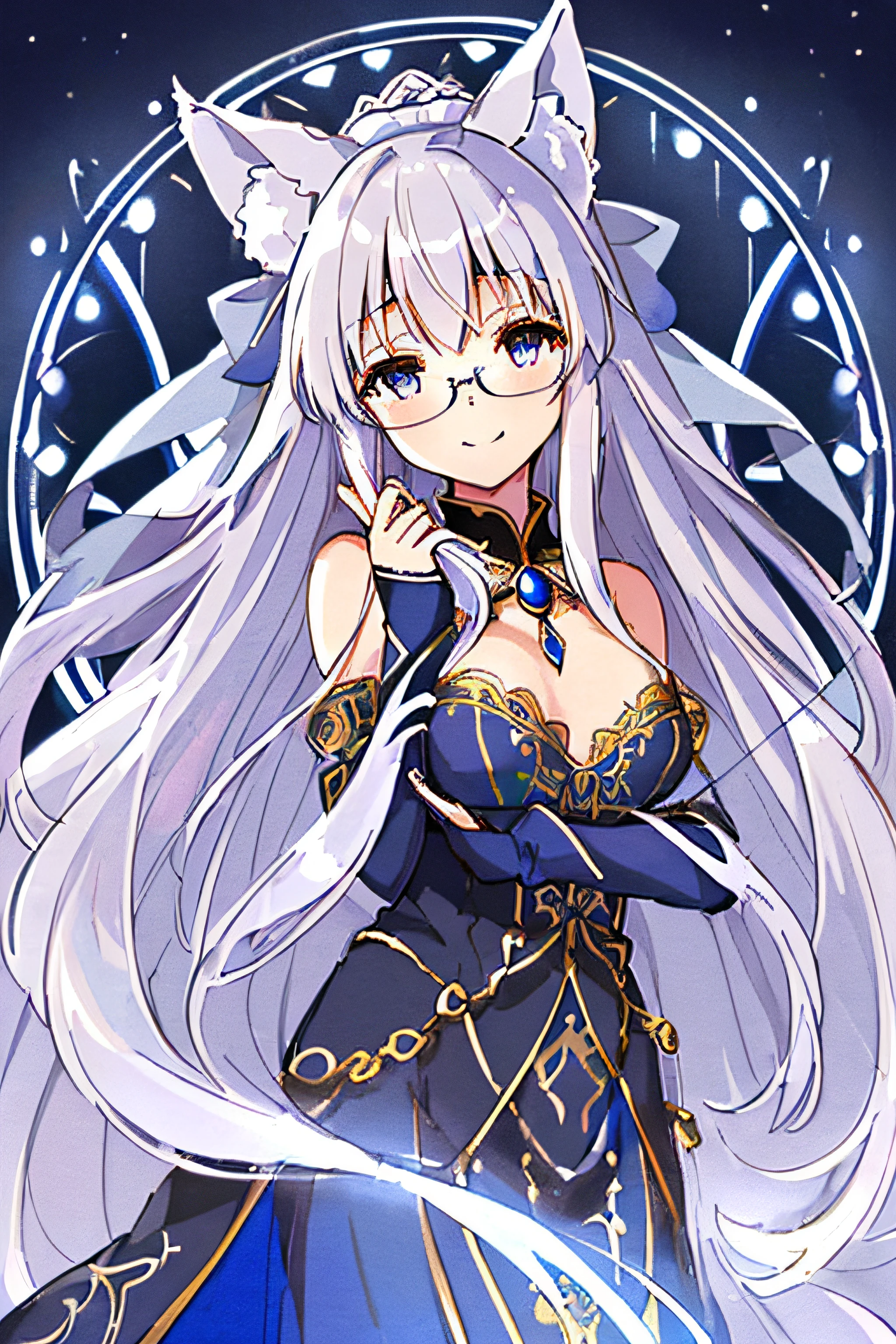 ((extremely detailed CG unity 8k wallpaper)), masterpiece, ultra-detailed, high resolution, (1girl, petite, fox girl, kitsune, fluffy white fur, anthro, small breasts, slender, ("very long ornate white hair with bangs tied low with a ribbon"), pale blue eyes, small circular glasses, small fox ears, [[extremely long fluffy fox tail]], [[("ornate blue gown with silver embroidery and long open sleeves")]], a library dimly lit with candles, shy smile, beautiful, long black cloak covering the shoulders, silver chain pendant, bridal gauntlets, holding a tome in front of her chest, dynamic pose, modest, fully clothed,