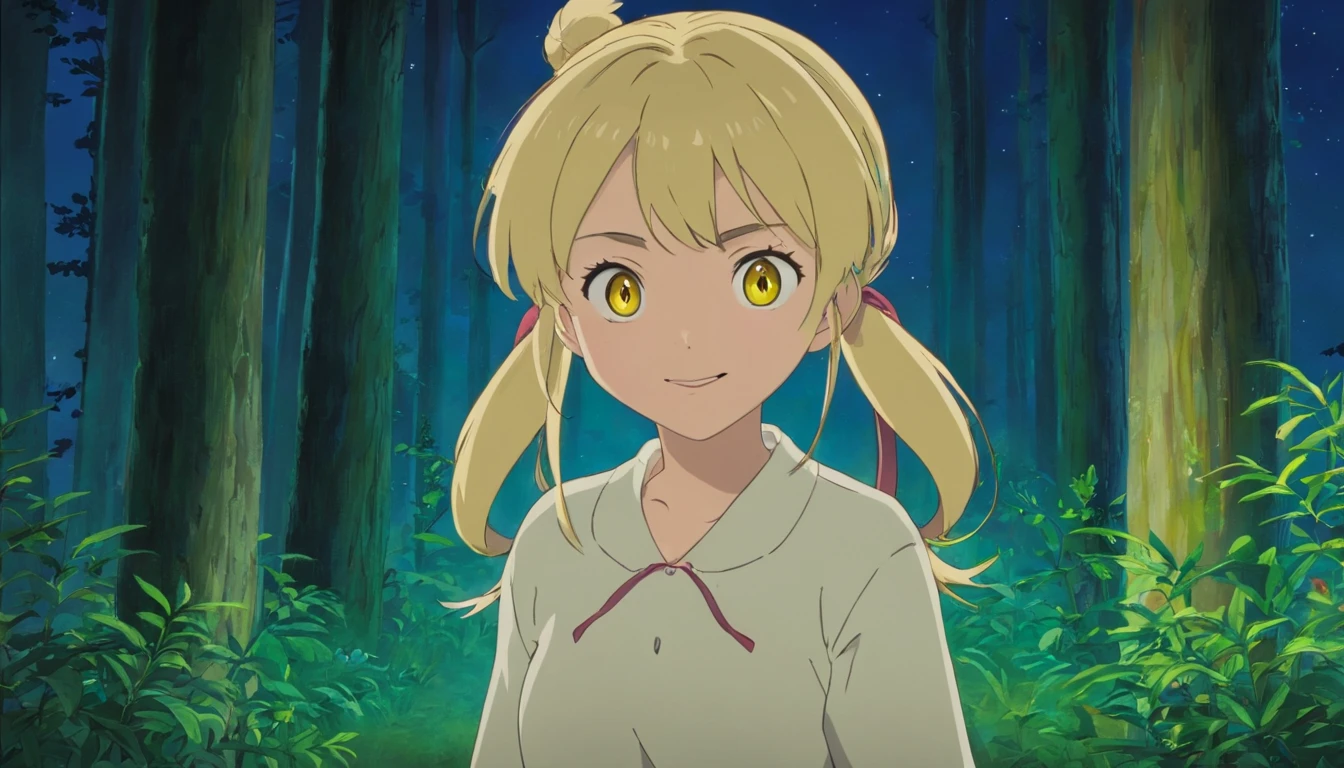 In the nocturnal forest,A blonde girl with double ponytail(Yellow eyes)Laugh at the camera