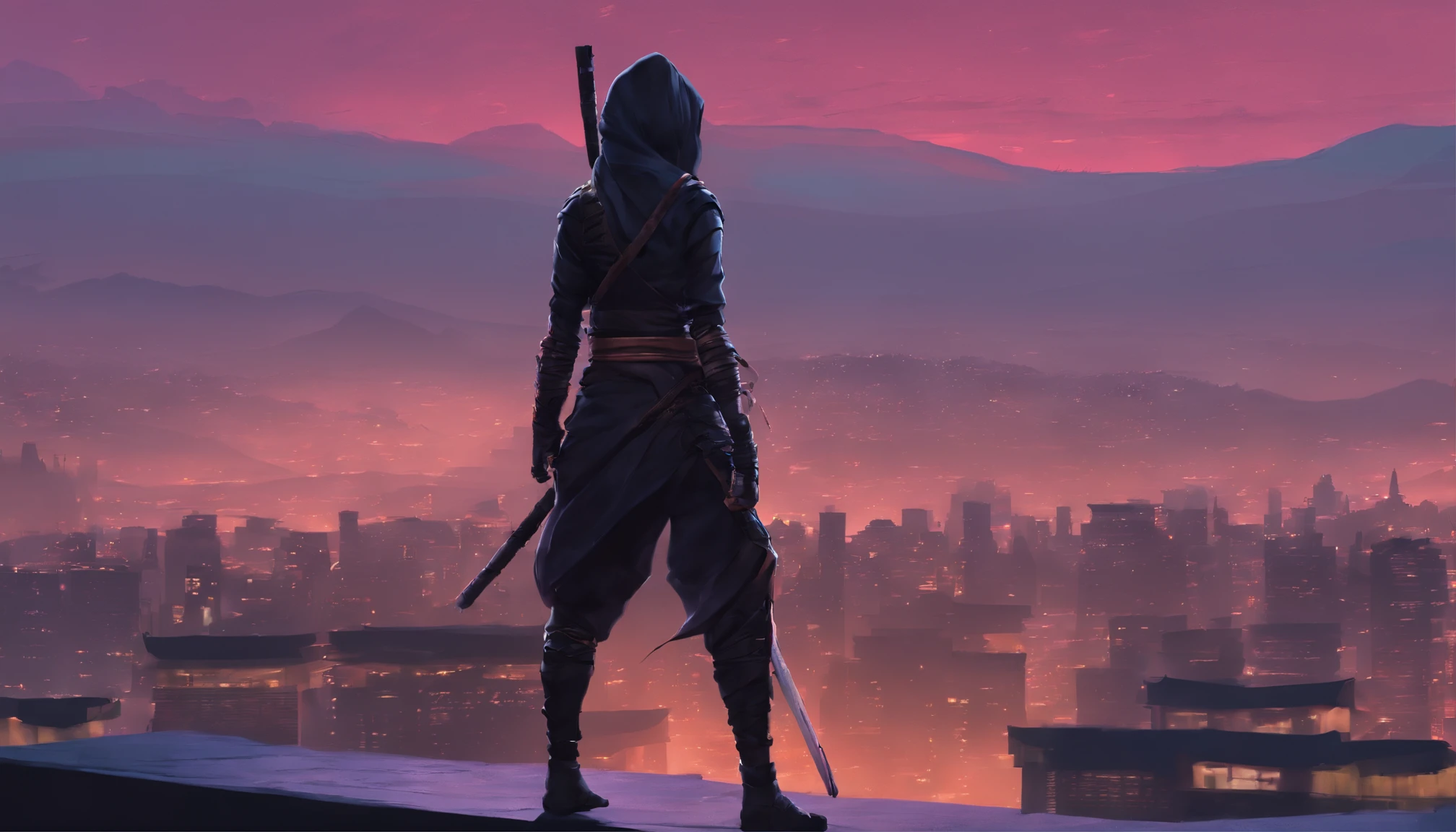 Female Ninja, Rooftop, Twilight, High quality Render
