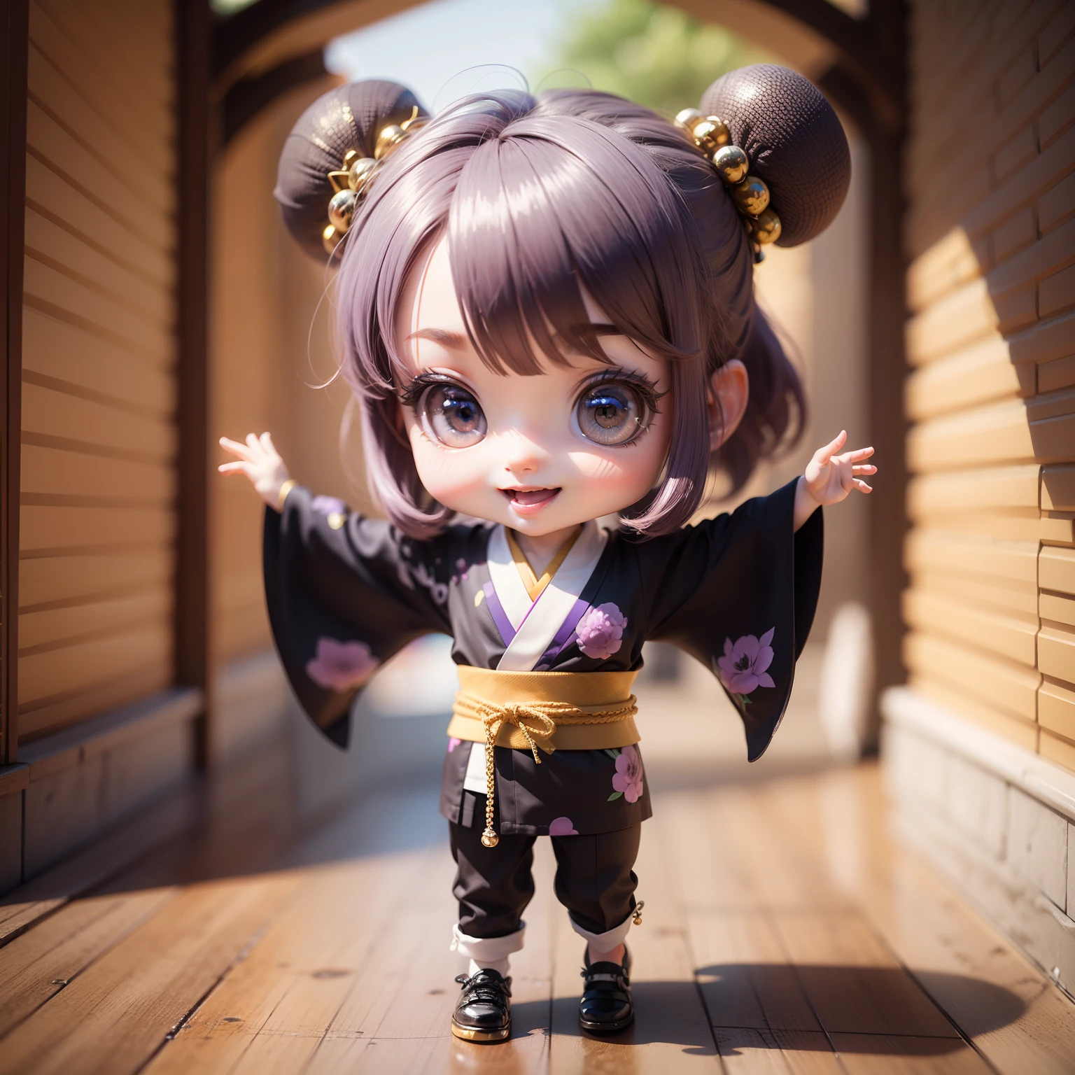 Cute  Chibi Anime,(((chibi3d))) (best quality) (masterprice)、Punk Fashion Chibi、Kimono with black and purple jewelry decoration、Luxurious hair ornament in platinum and gemstones、耳Nipple Ring、Art Festival at Tokyo University of the Arts、Open your mouth and smile、dancing