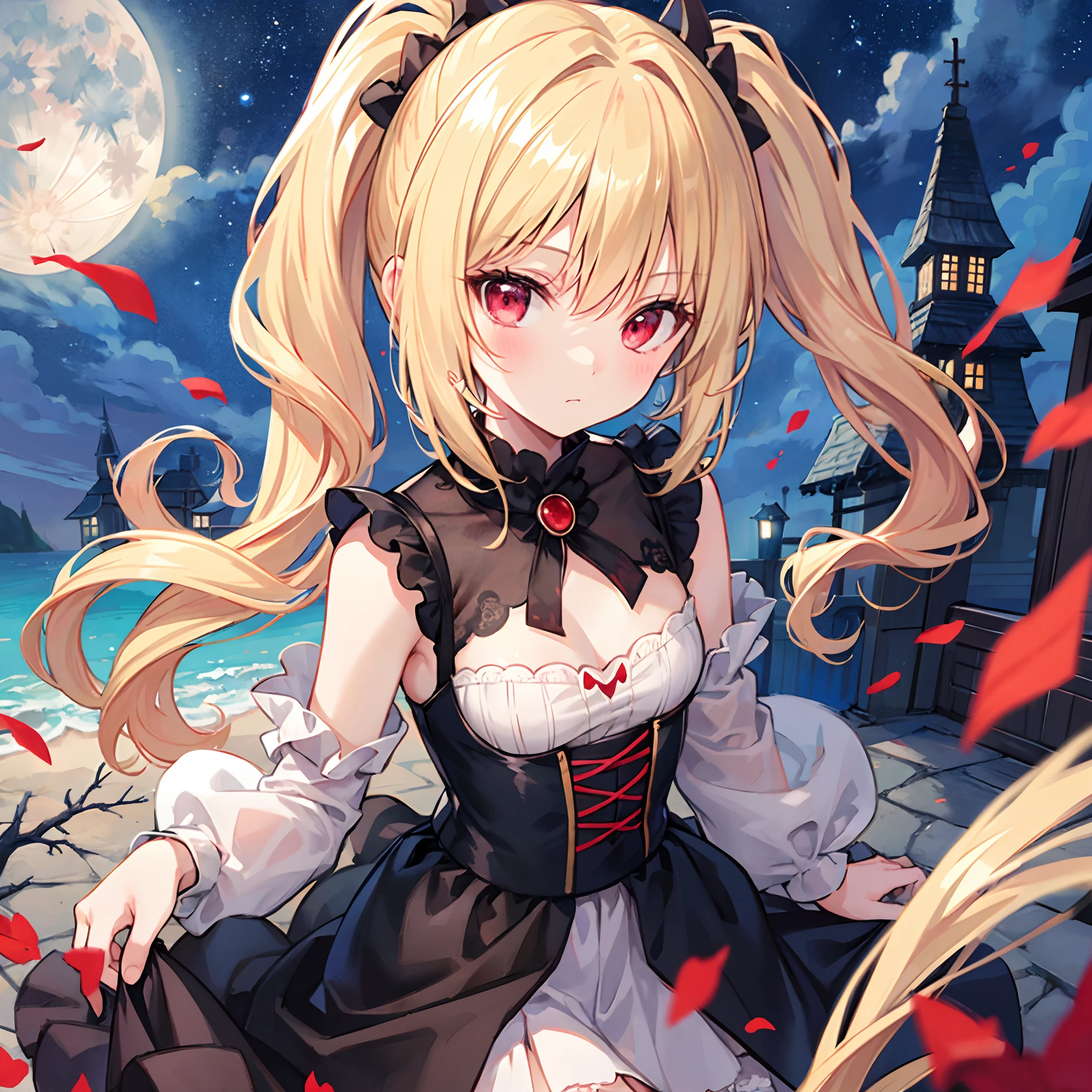 poneyTail、a blond、Vampire、red eyes、Beautiful girl alone、Light blue dress、Gentle expression、a moon、Midnight、