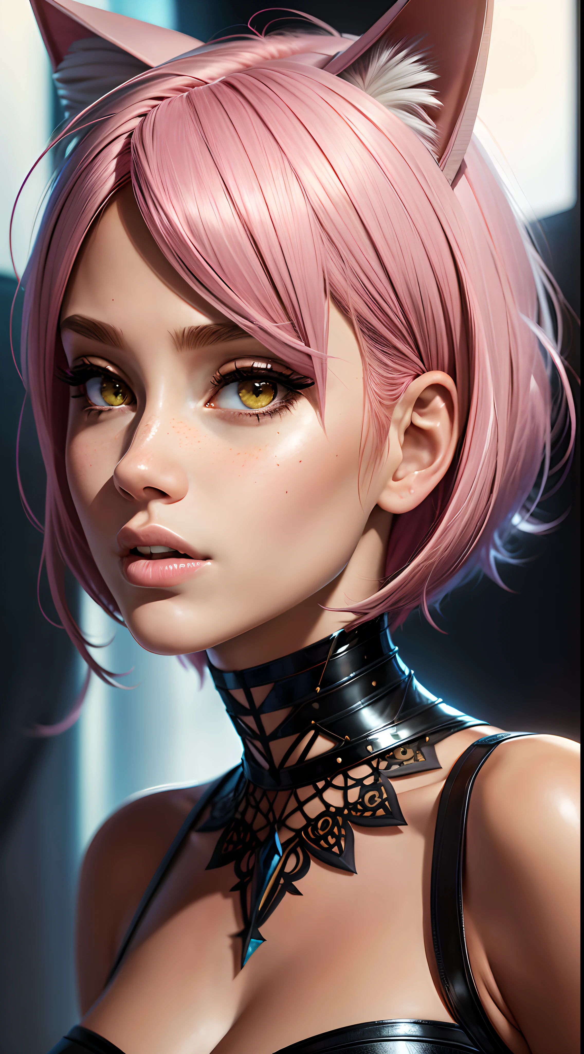(amia:0.9), closed mouth, cat ears, pink hair, short hair, head shot, face focus, slim, slender, looking at viewer, (masterpiece), (best quality:1.2), absurdres, intricate details, rimlit, (highly detailed skin:1.2),
